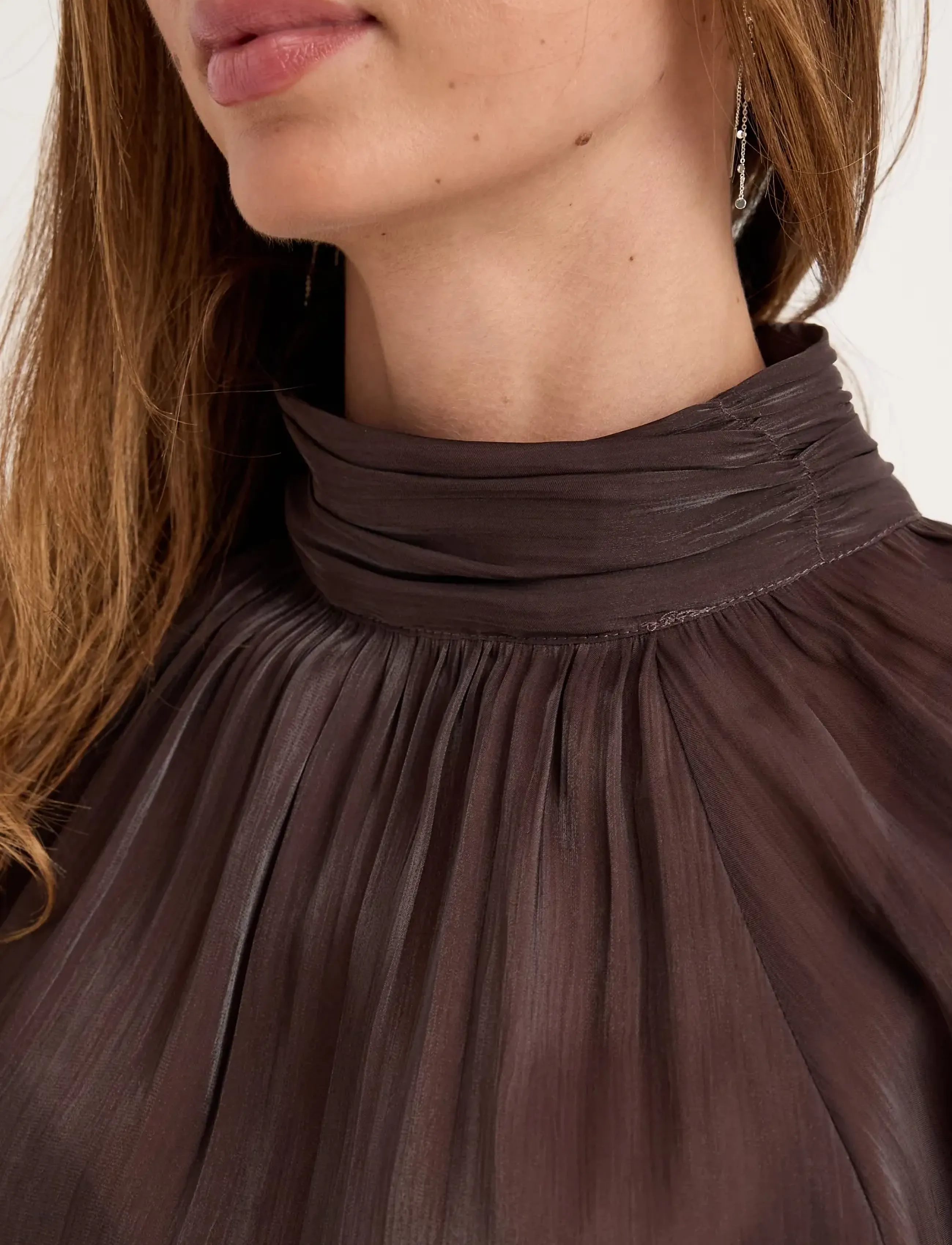 Bubbleroom - Balloon Sleeve Short Flounce Dress - dark brown - 4