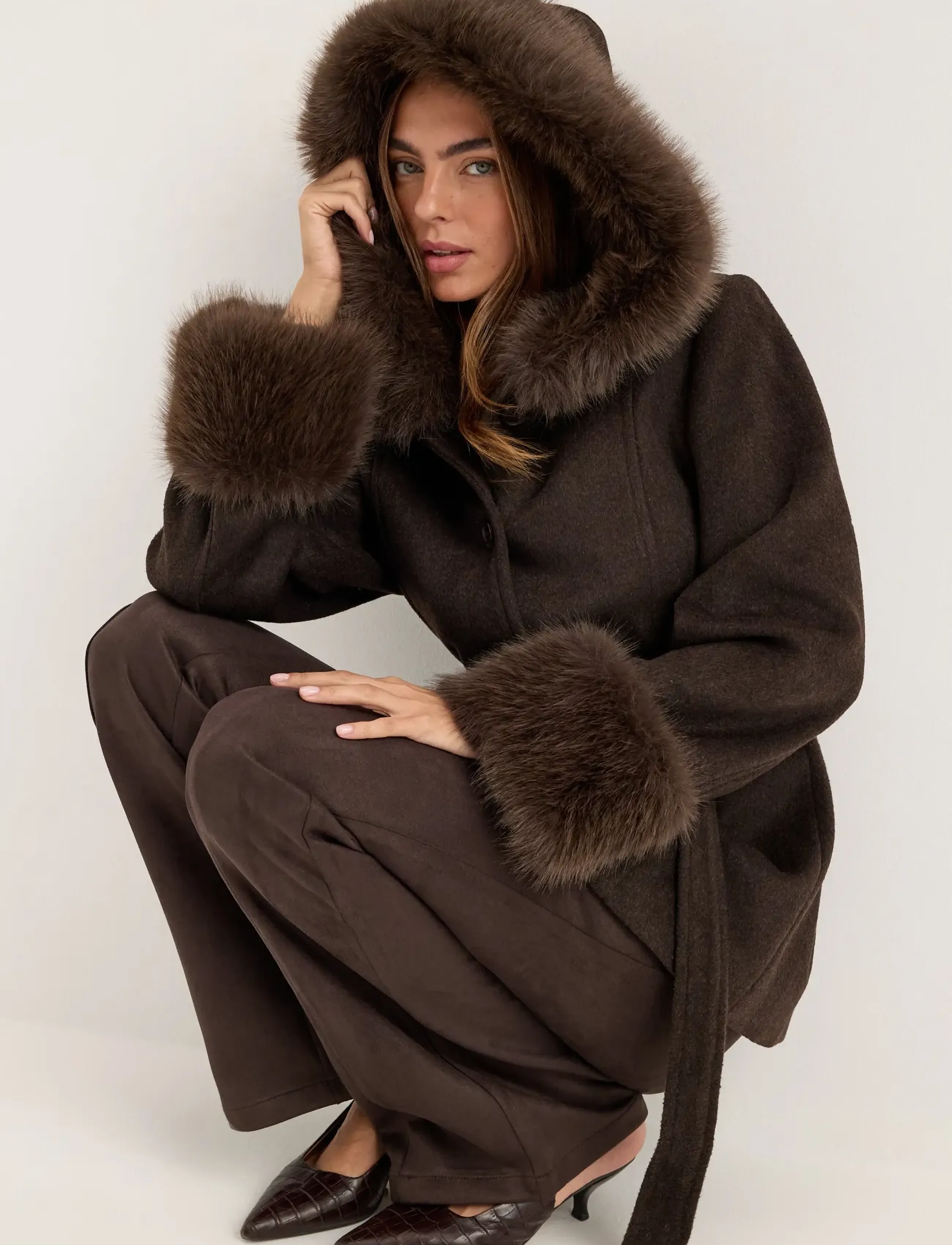 Bubbleroom - Hooded Wool Blend Coat - dark brown - 3