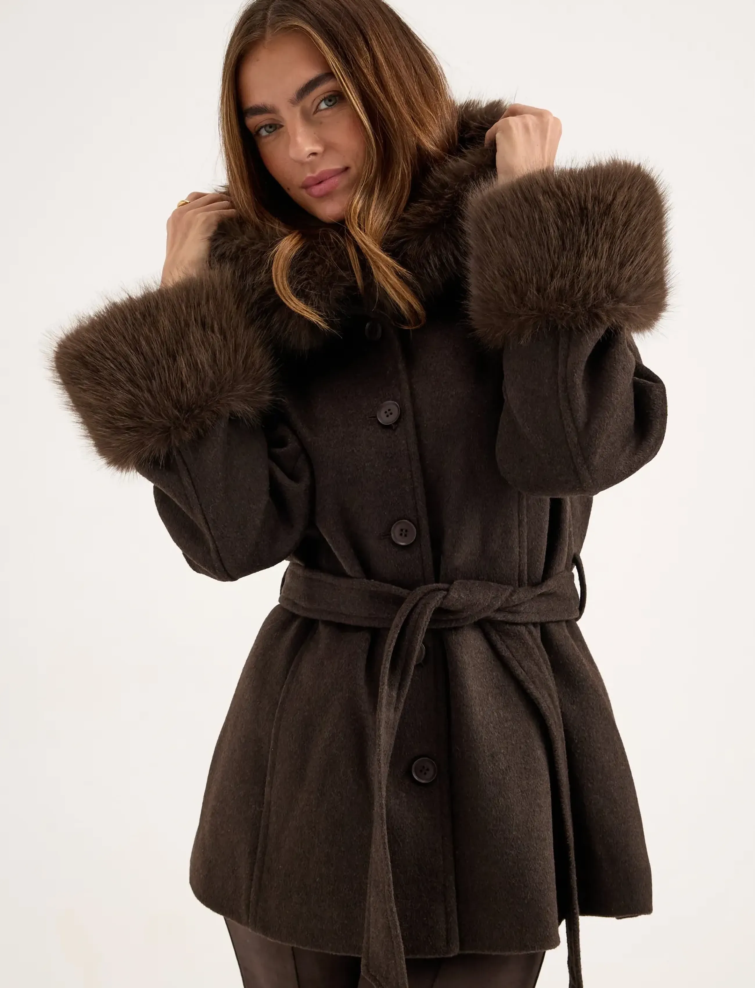 Bubbleroom - Hooded Wool Blend Coat - dark brown - 4