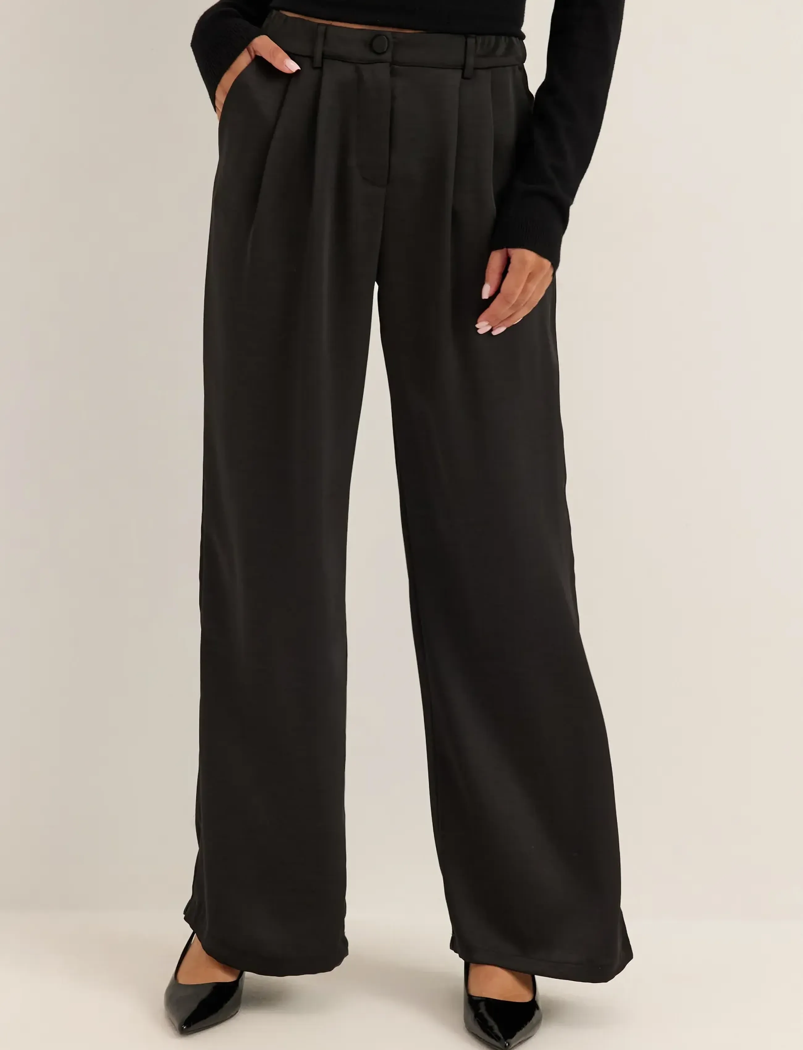 Bubbleroom Satin Trousers - Hose mit geradem Bein - BLACK / black