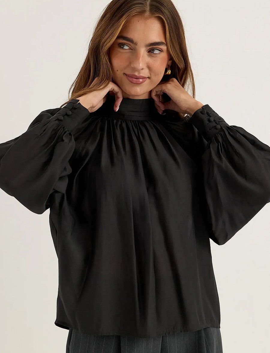 Bubbleroom - Sheer Flowy Blouse - langærmede bluser - black - 0