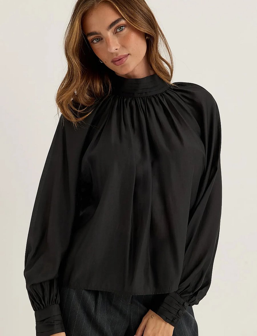 Bubbleroom - Sheer Flowy Blouse - langærmede bluser - black - 4