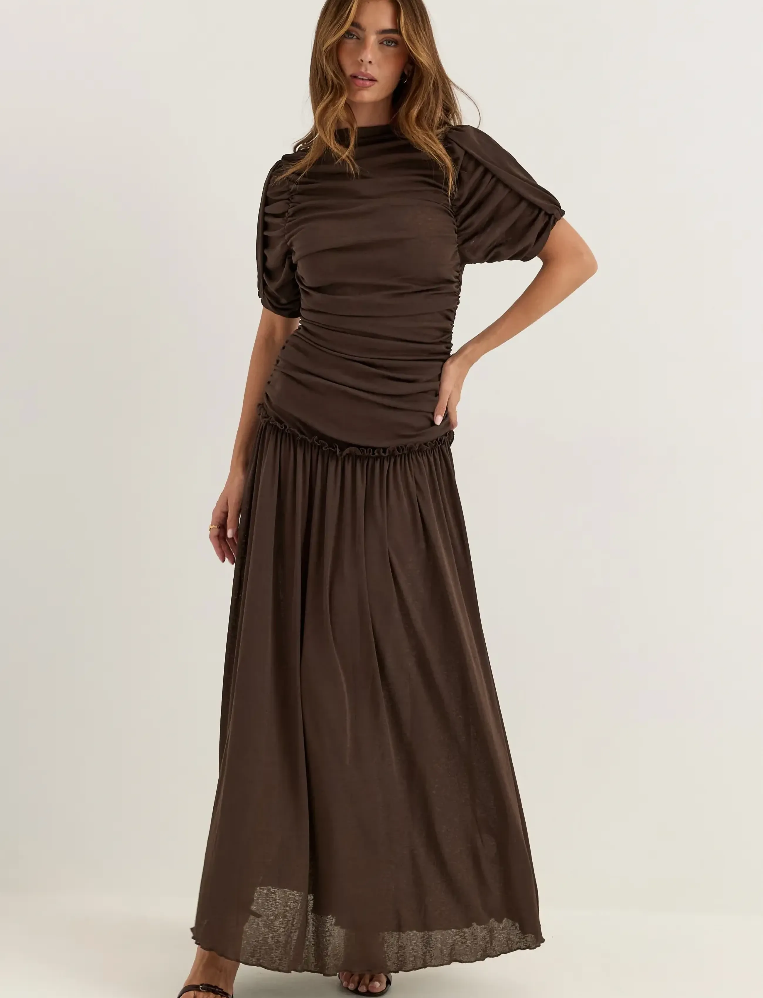Bubbleroom Draped Ruched Ankle Dress - Maksikleidid - DARK BROWN / brown