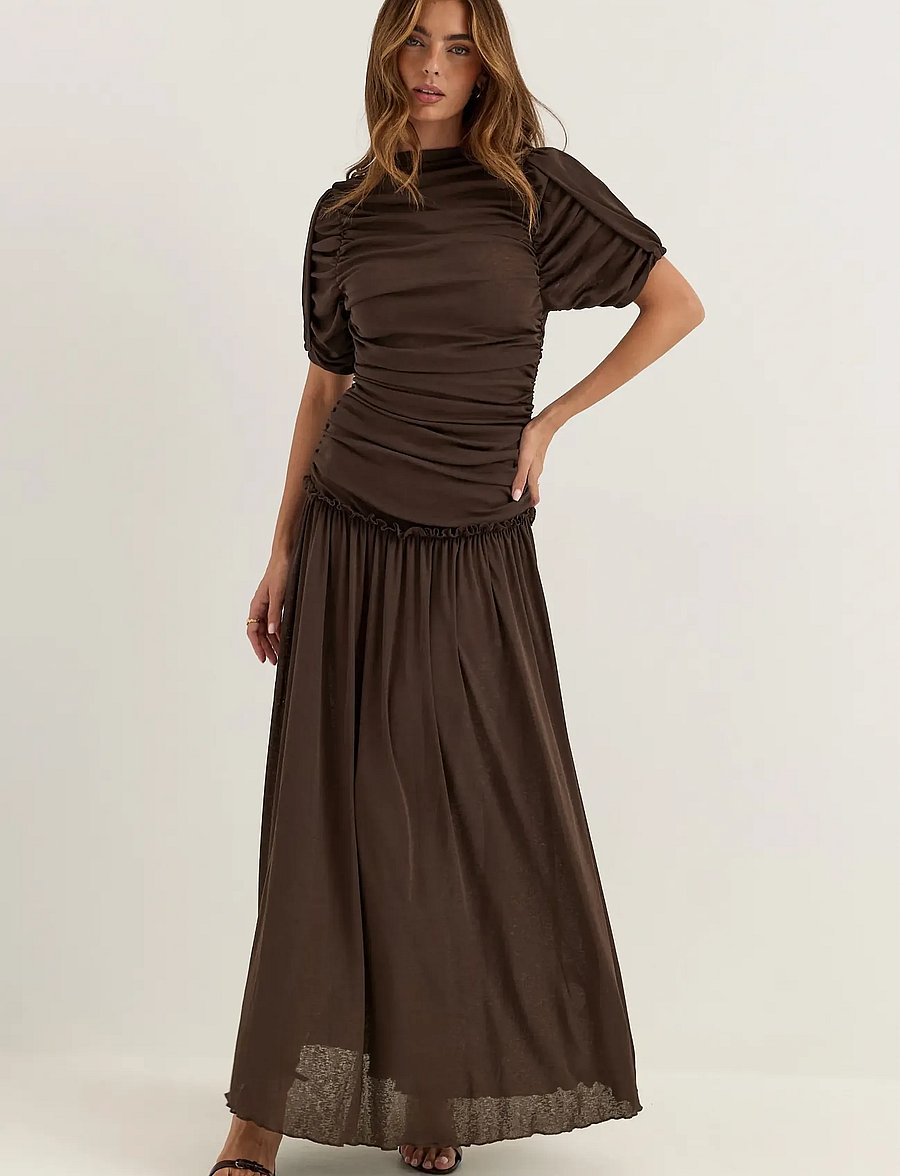 Bubbleroom - Draped Ruched Ankle Dress - maksikleidid - dark brown - 0