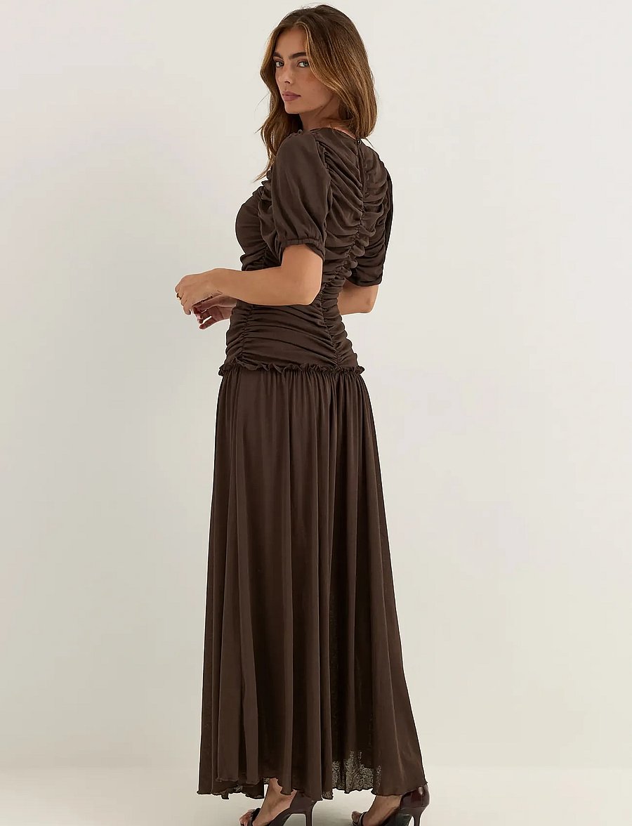 Bubbleroom - Draped Ruched Ankle Dress - maksikleidid - dark brown - 2