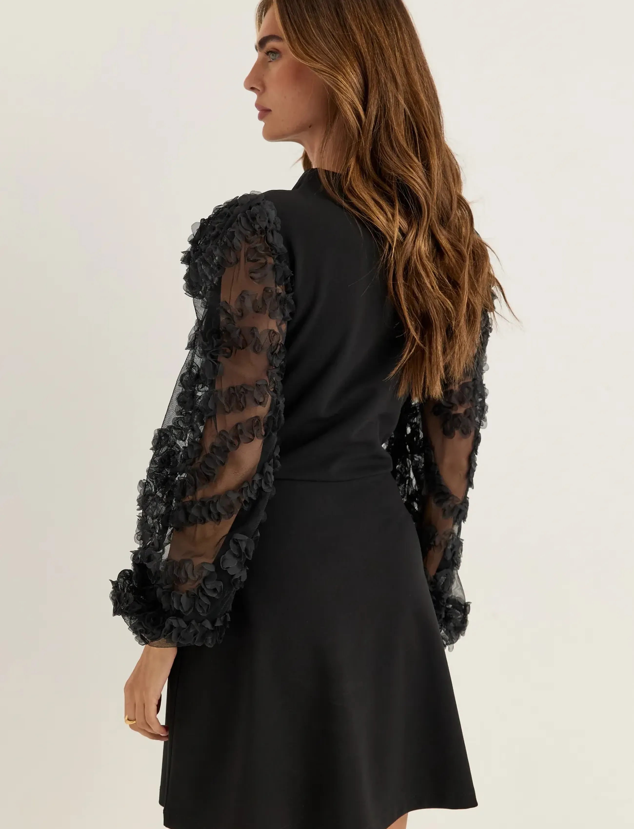 Bubbleroom - 3D Floral Sleeve Dress - black - 3
