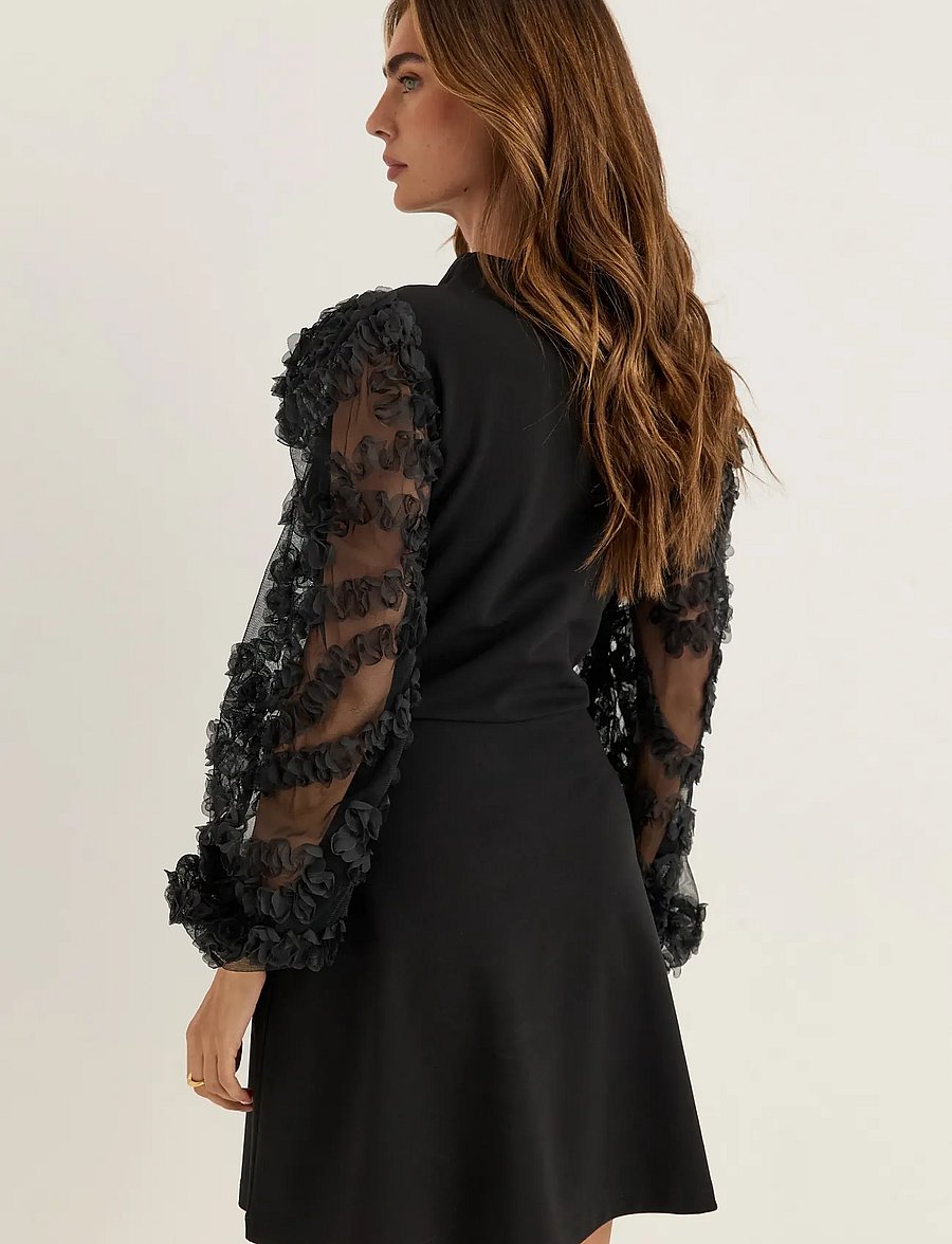 Bubbleroom - 3D Floral Sleeve Dress - black - 3