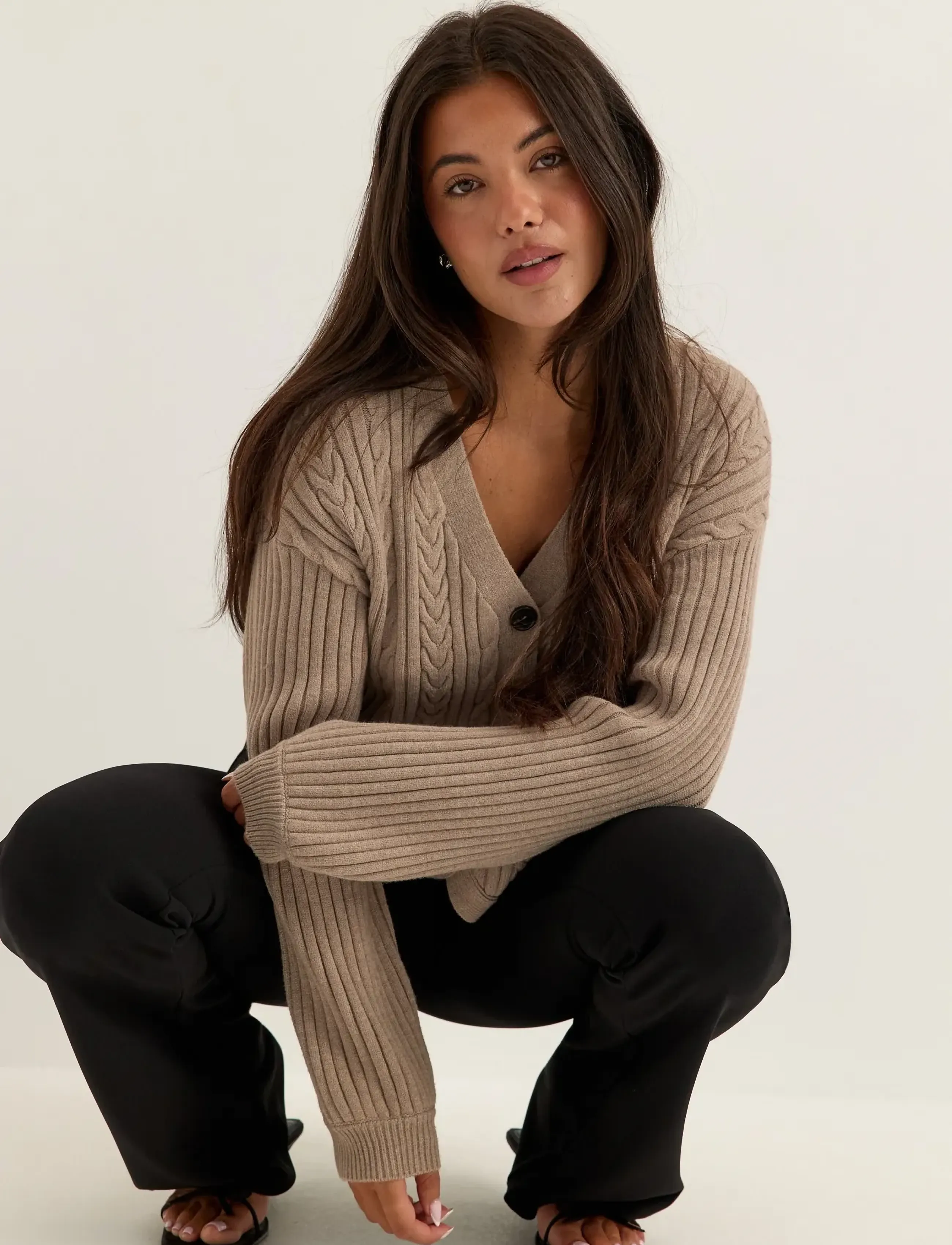 Bubbleroom - Cable Knit Cardigan - cardigans - taupe - 3