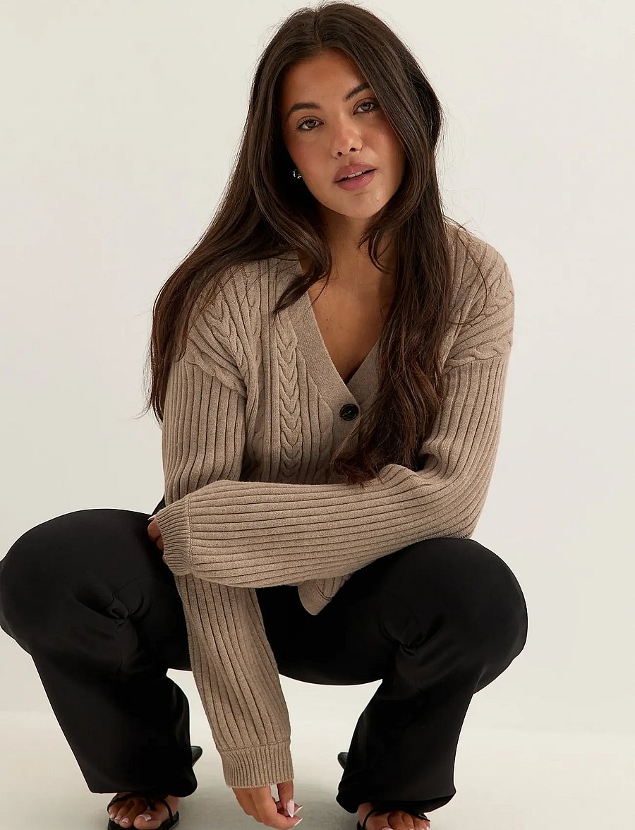 Bubbleroom - Cable Knit Cardigan - cardigans - taupe - 3
