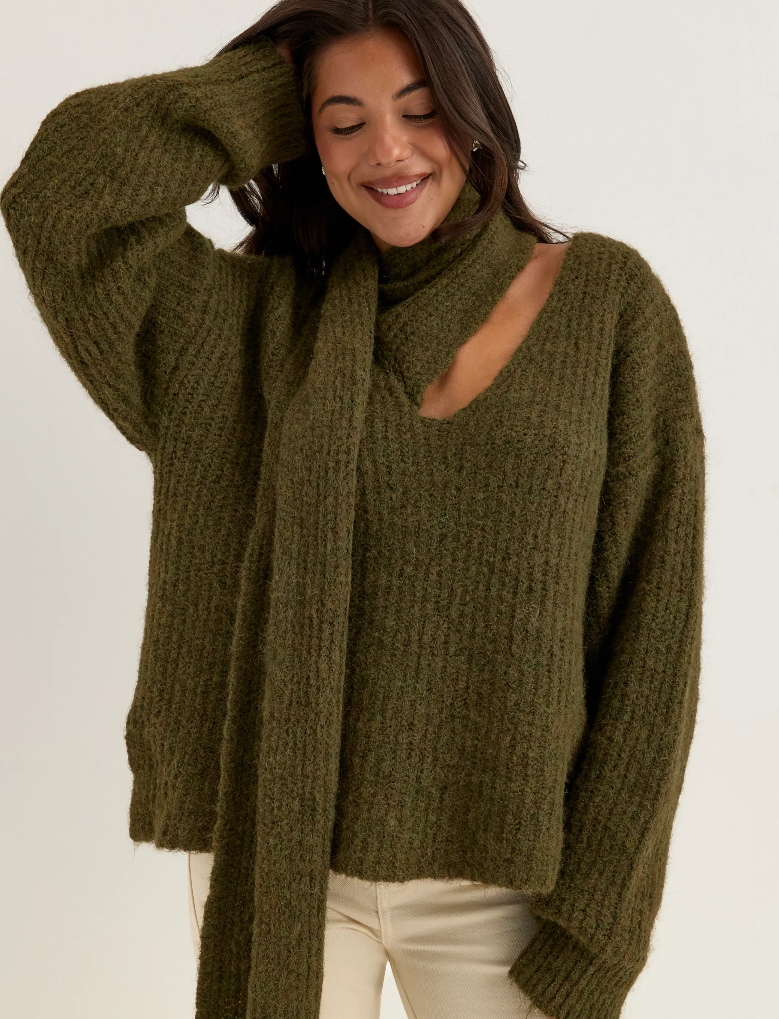 Bubbleroom Knitted Scarf Sweater - Bubbleroom - DARK GREEN / khaki/green