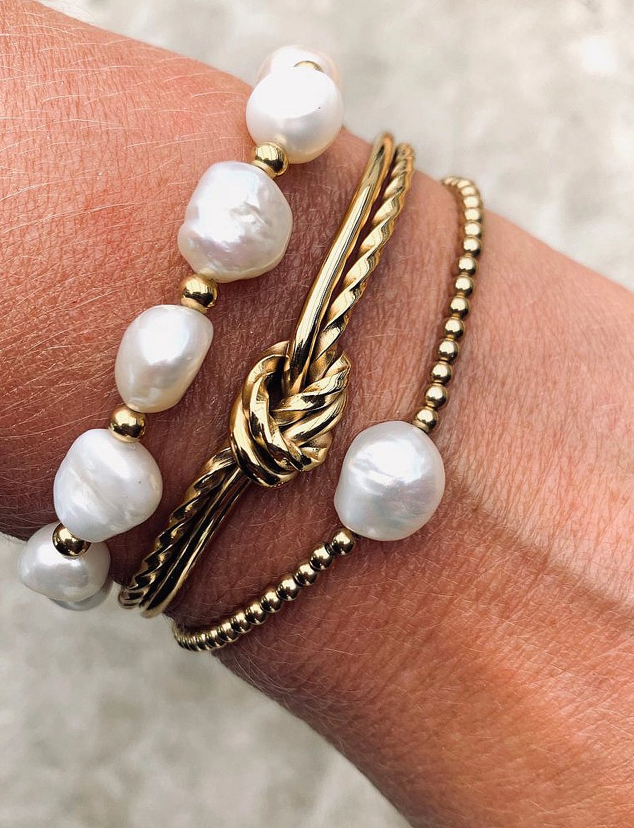 Bud To Rose - Pearl Elastic Bracelet - helmirannekorut - gold - 2