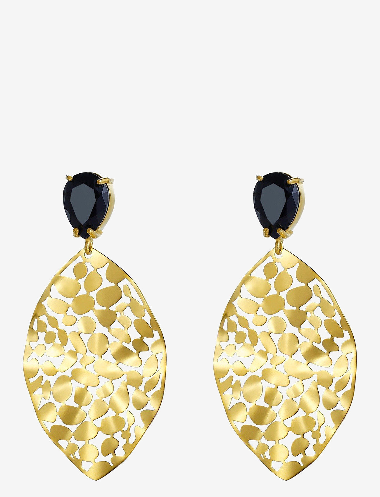 Bud to rose - Leaf Crystal Earring Black/Gold - pendant earrings - black/gold - 0
