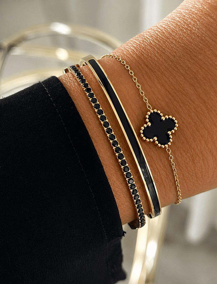 Bud To Rose - Clover Enamel Bracelet Black/Gold - kettenarmbänder - gold - 2