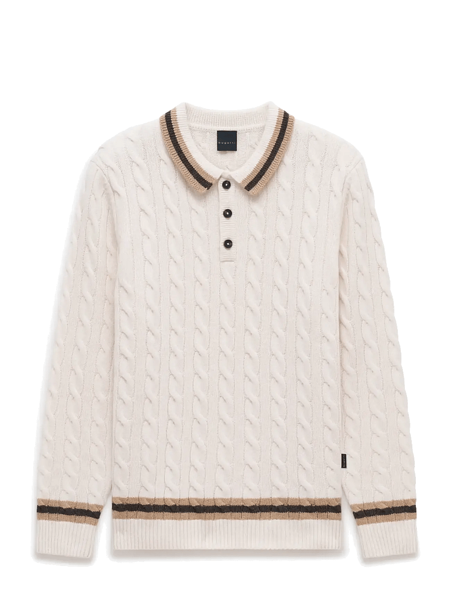 Bugatti - Long sleeve Polo shirt - långärmade stickade pikétröjor - ecru - 1