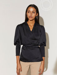 Malina - Hope satin wrap blouse - long-sleeved blouses - black - 2