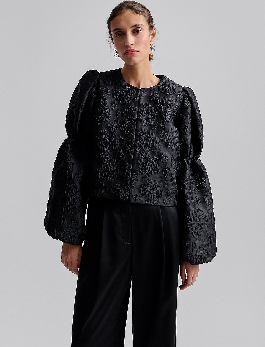 Malina - Zoey Double Pouf Sleeve Blouse - langärmelige blusen - black jacquard - 4
