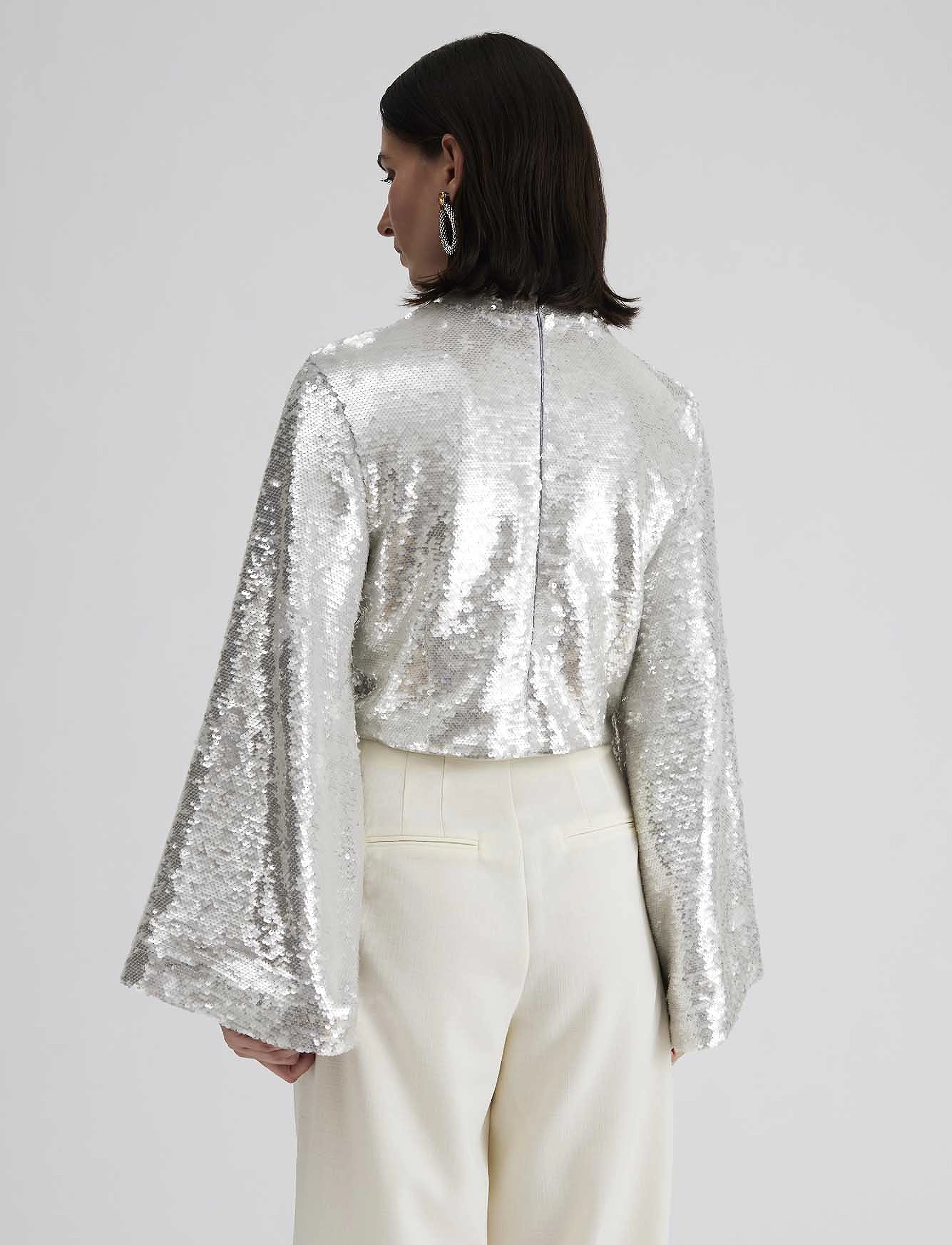 Malina - Aella wide sleeve sequin top - silver - 3