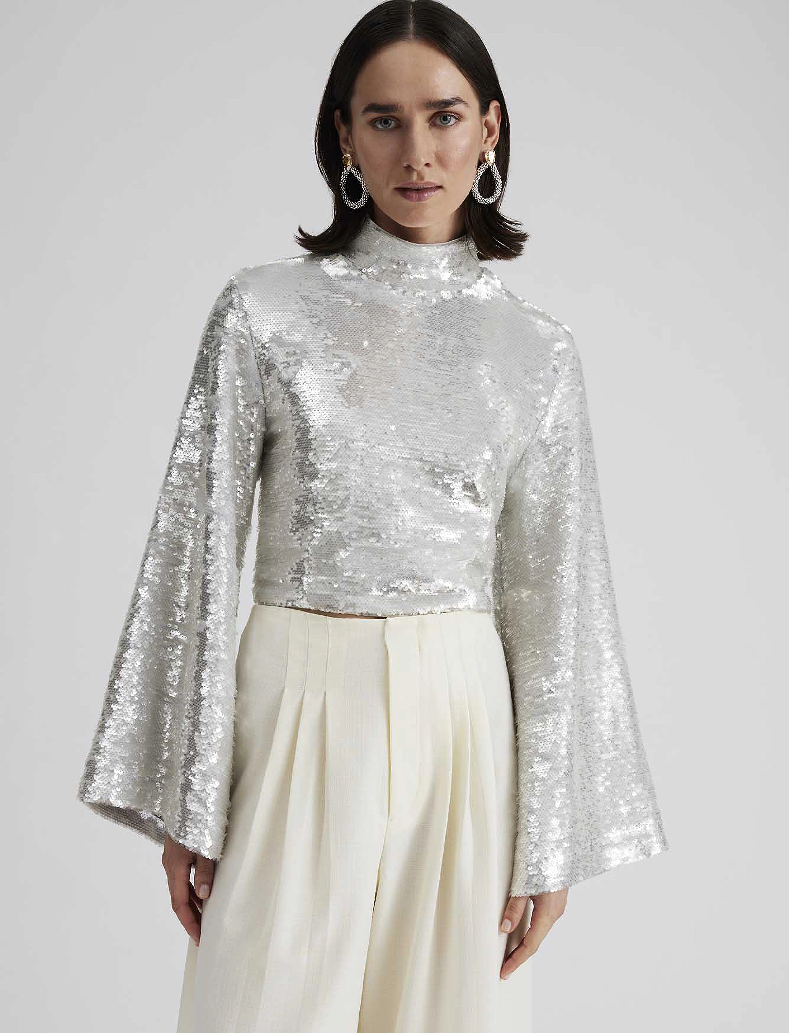Malina - Aella wide sleeve sequin top - silver - 4