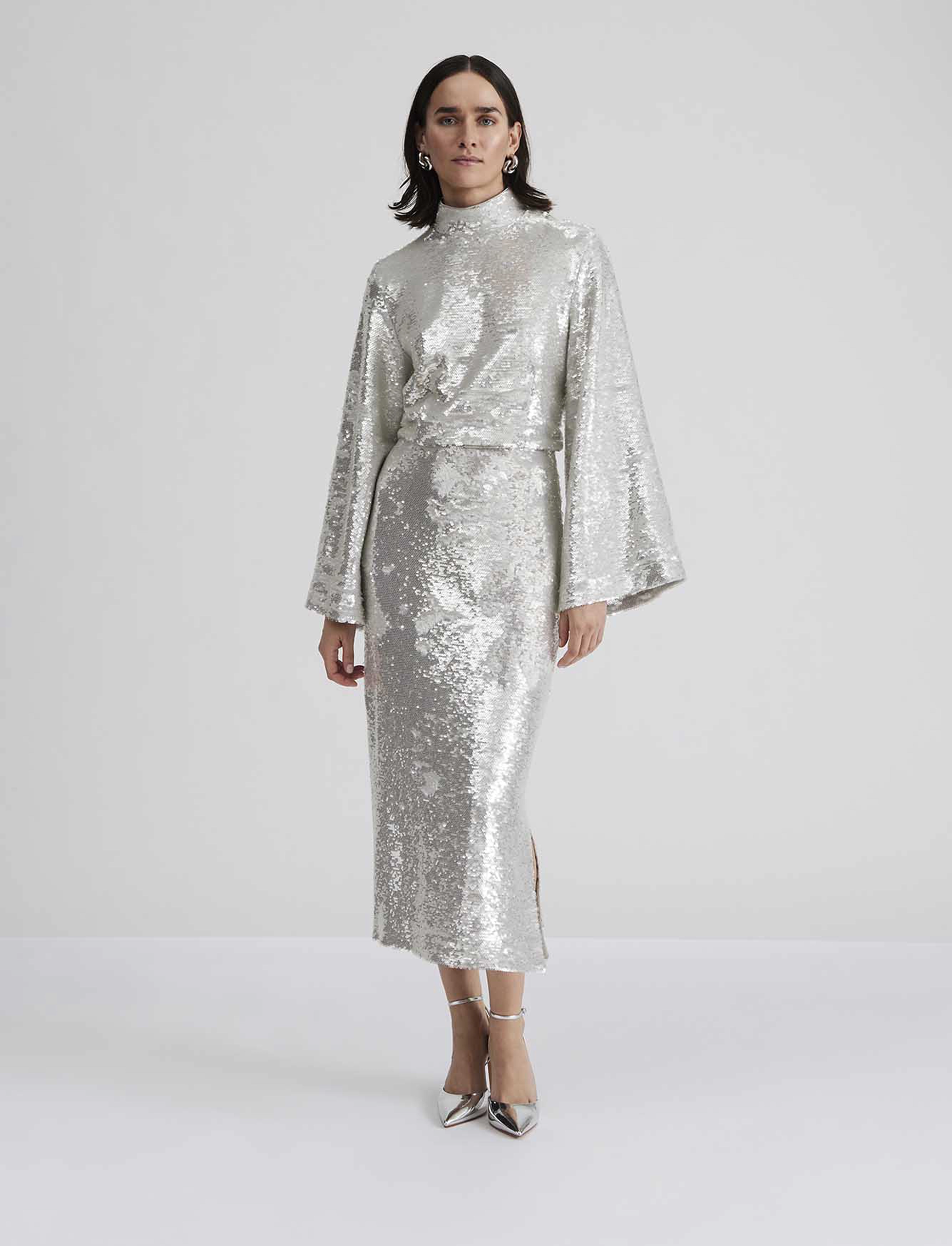Malina - Aella wide sleeve sequin top - silver - 5