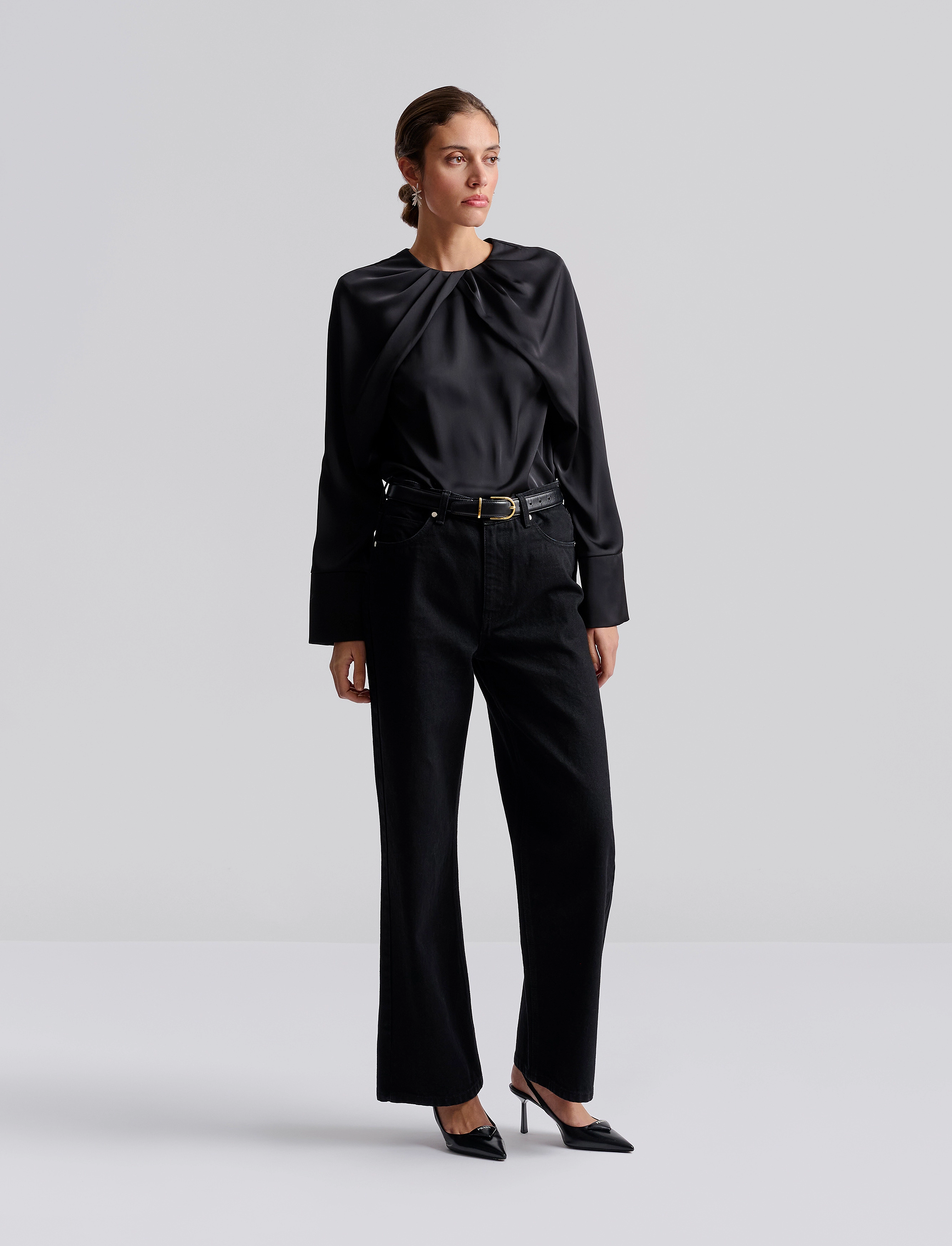 Malina - Evie Pleated Neckline blouse - pikkade varrukatega pluusid - black - 0