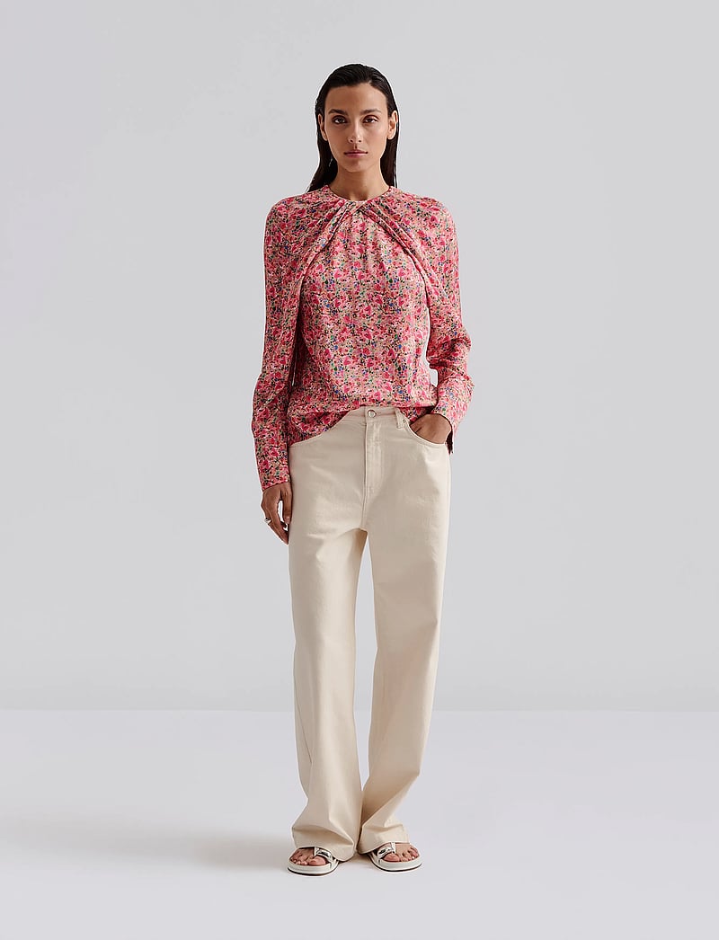 Malina - Evie pleated neckline blouse - blūzes ar garām piedurknēm - pink ditsy - 0