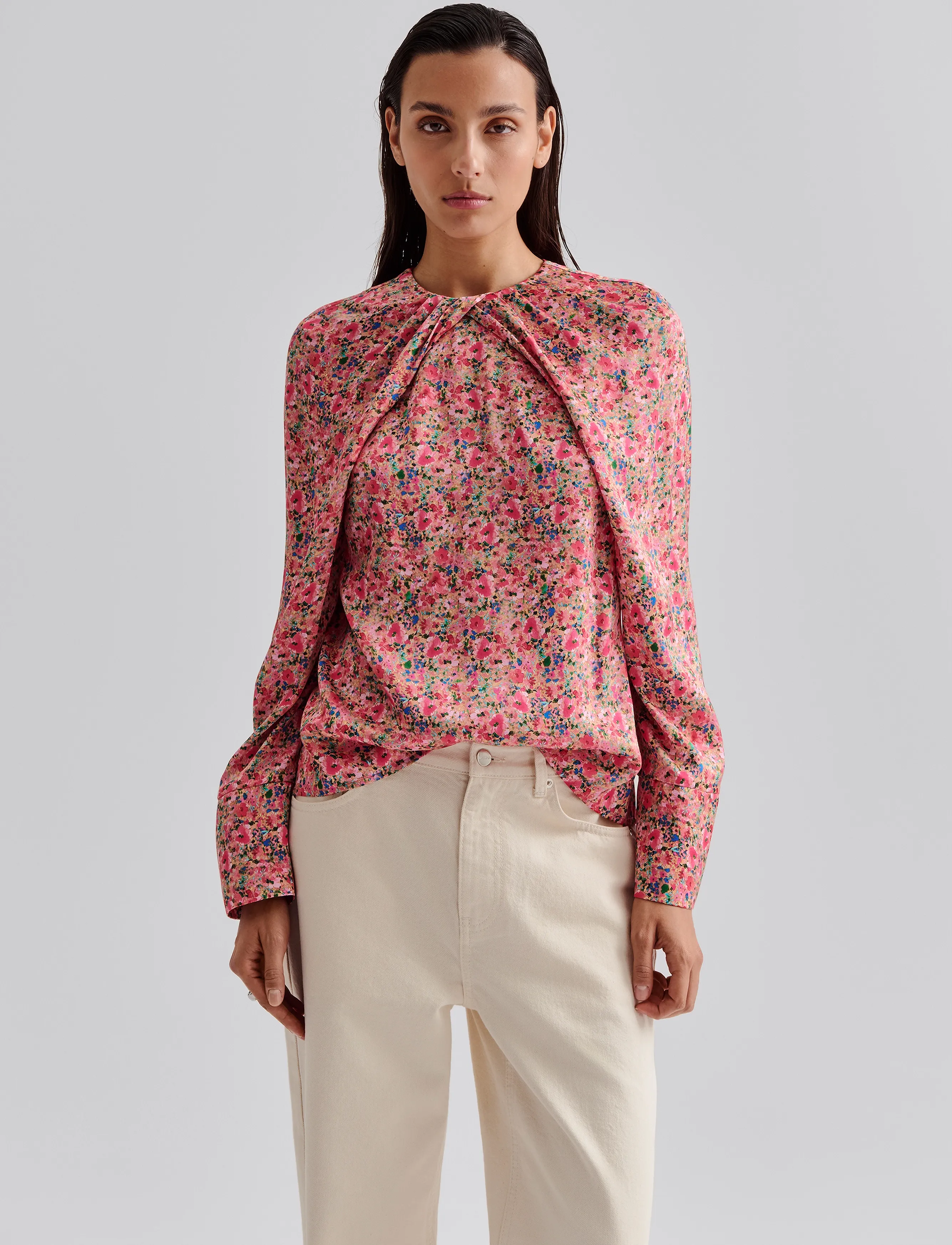 Malina - Evie Pleated Neckline blouse - long sleeved blouses - pink ditsy - 4