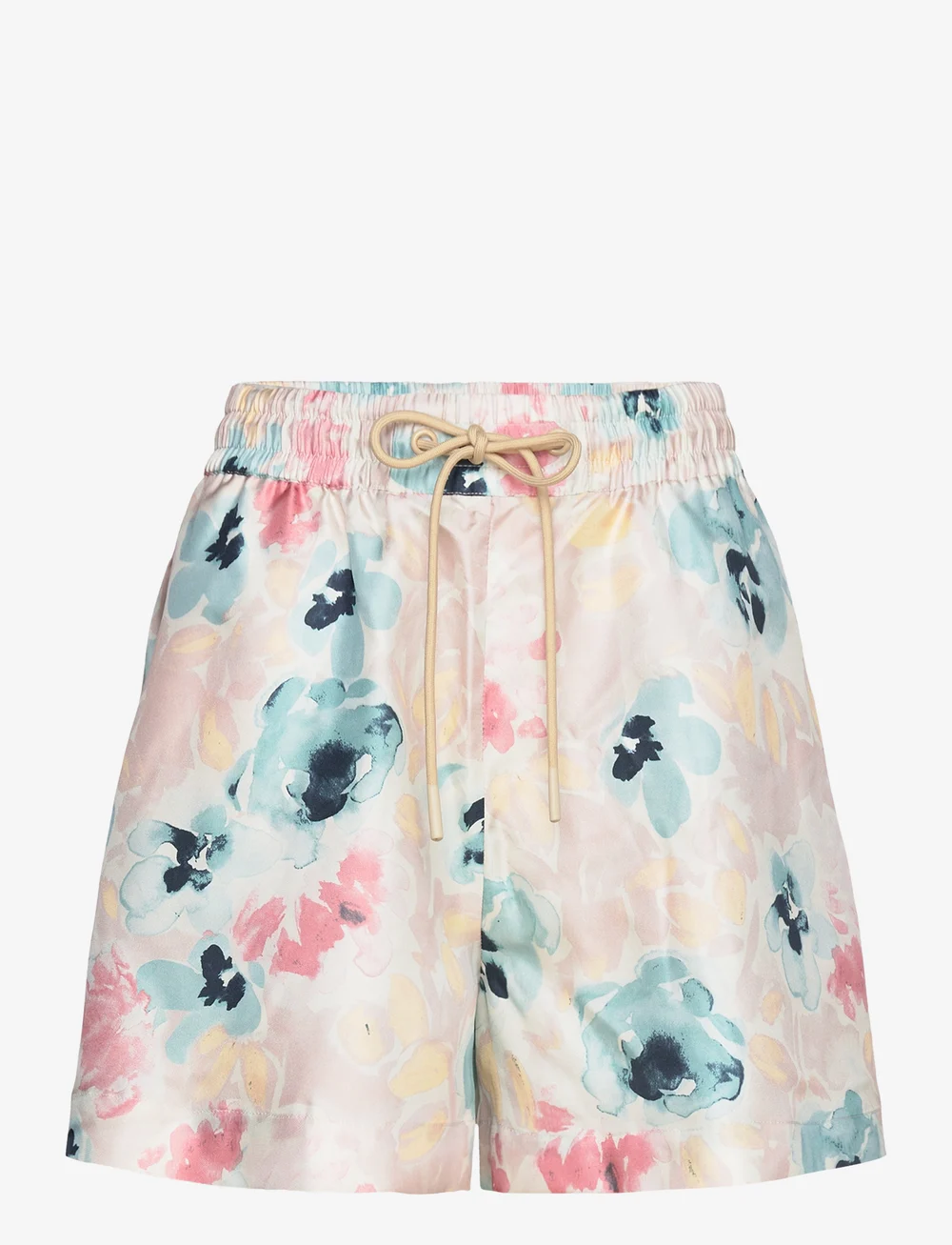 Malina - Iris Wide Drawstring Silk Shorts - paper bag shorts - florals - 1