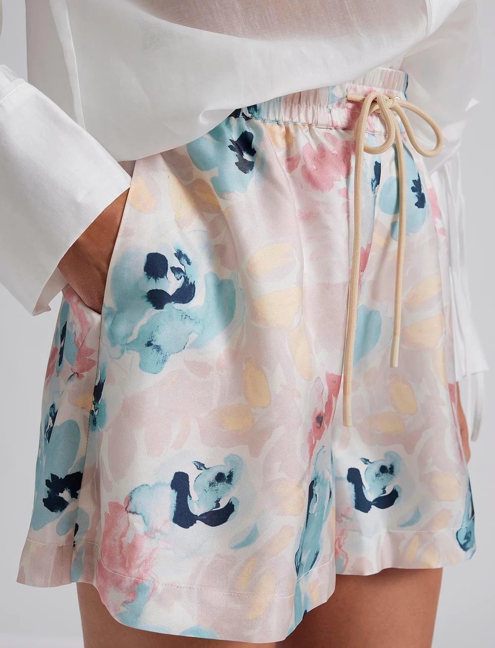 Malina - Iris Wide Drawstring Silk Shorts - paper bag shorts - florals - 4