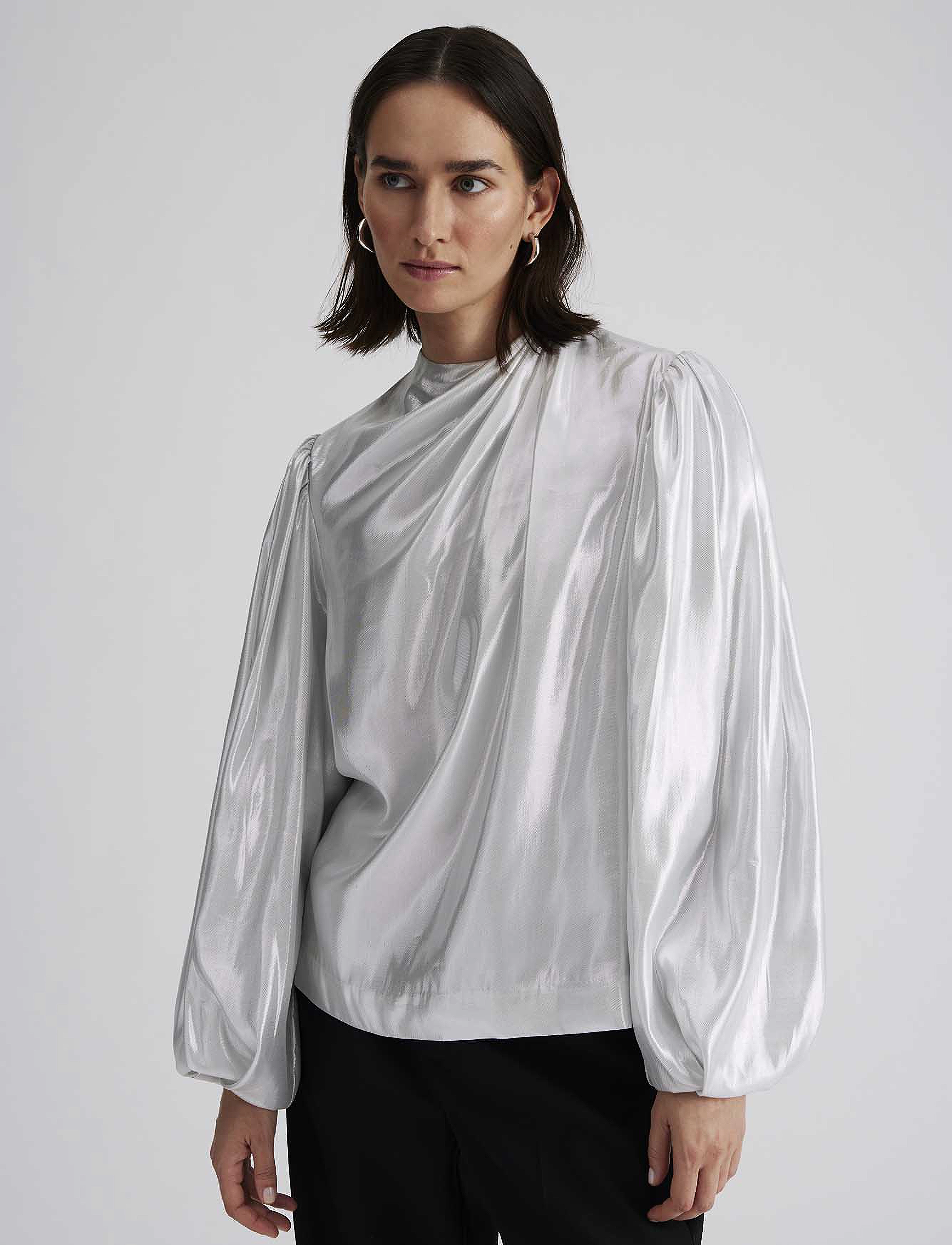 Malina - Nala draped silk long sleeve top - silver - 4