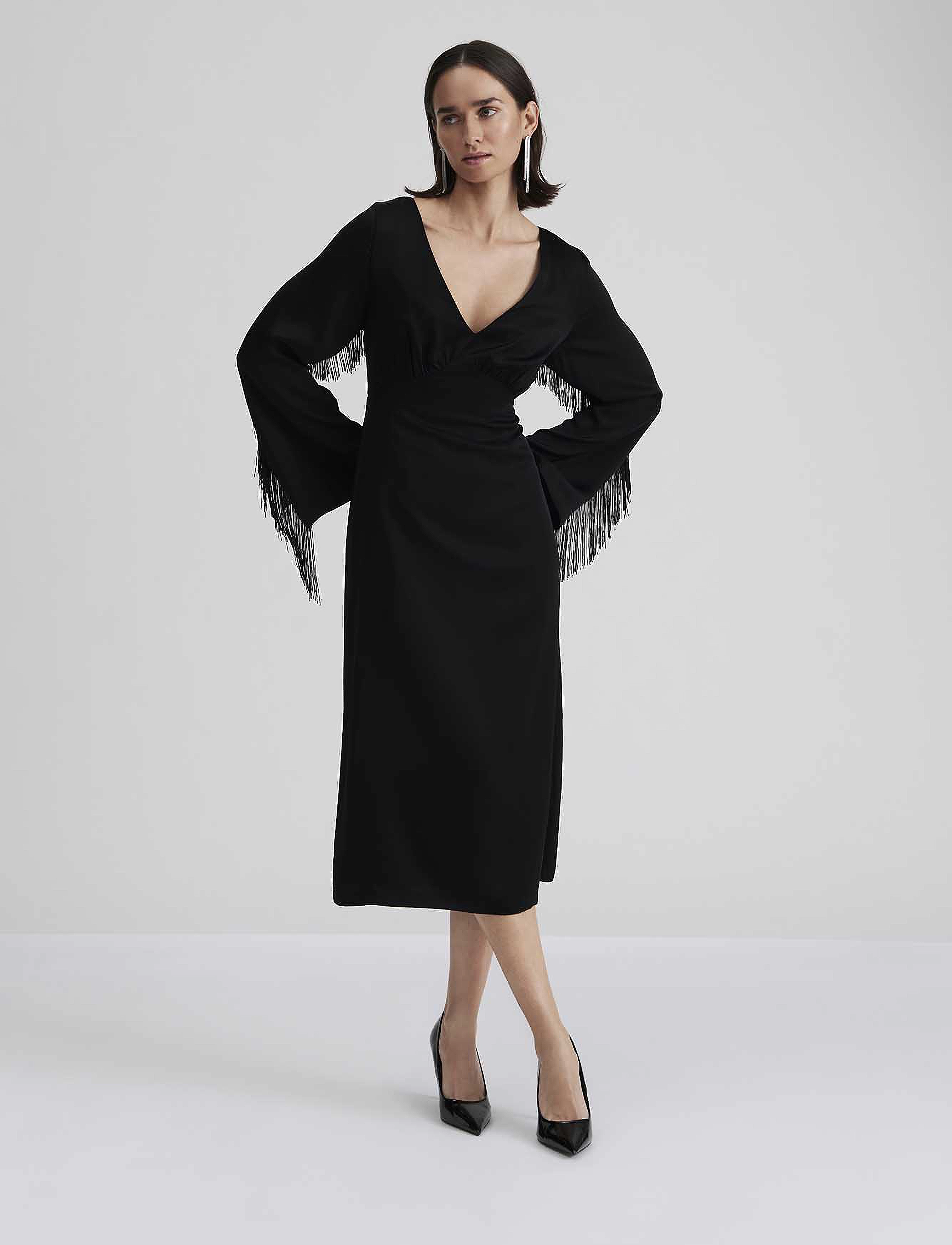 Malina Sasha V-Neck Fringe Midi Dress, S, Designer, Schwarz - Knee-length & Midi, Frauen