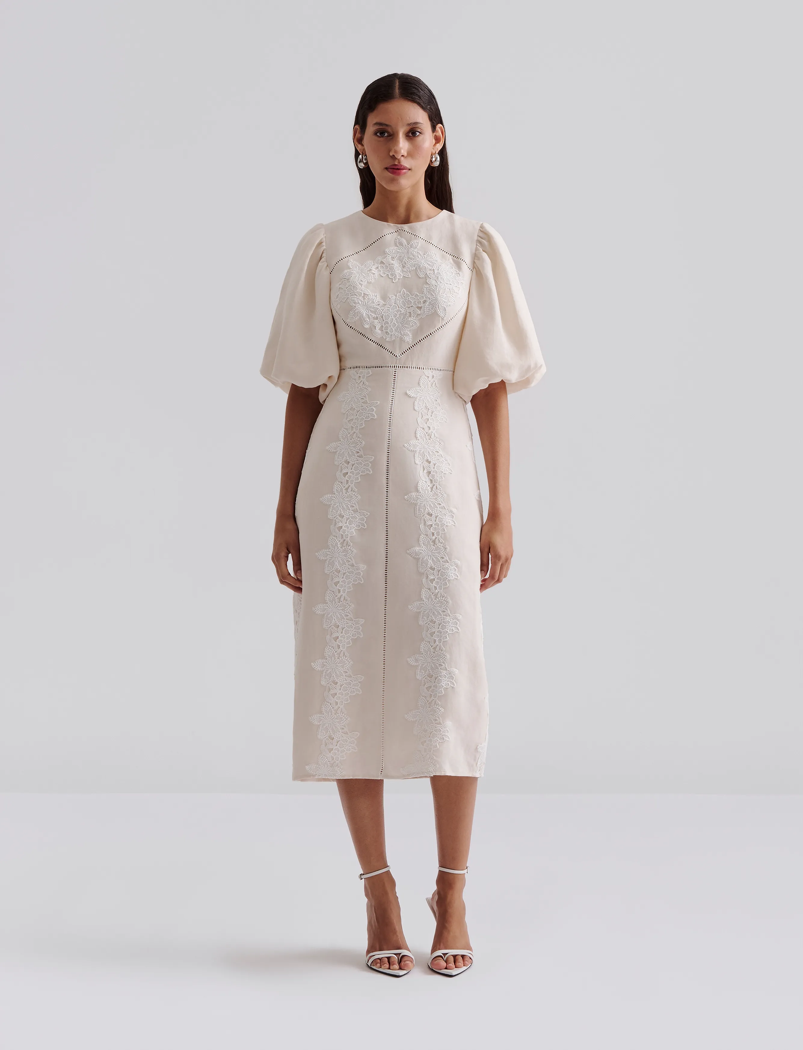 Malina Rudy Embroidered Linen Midi Dress, XS, Beige, Designere > Knælange Og Midi, Dame