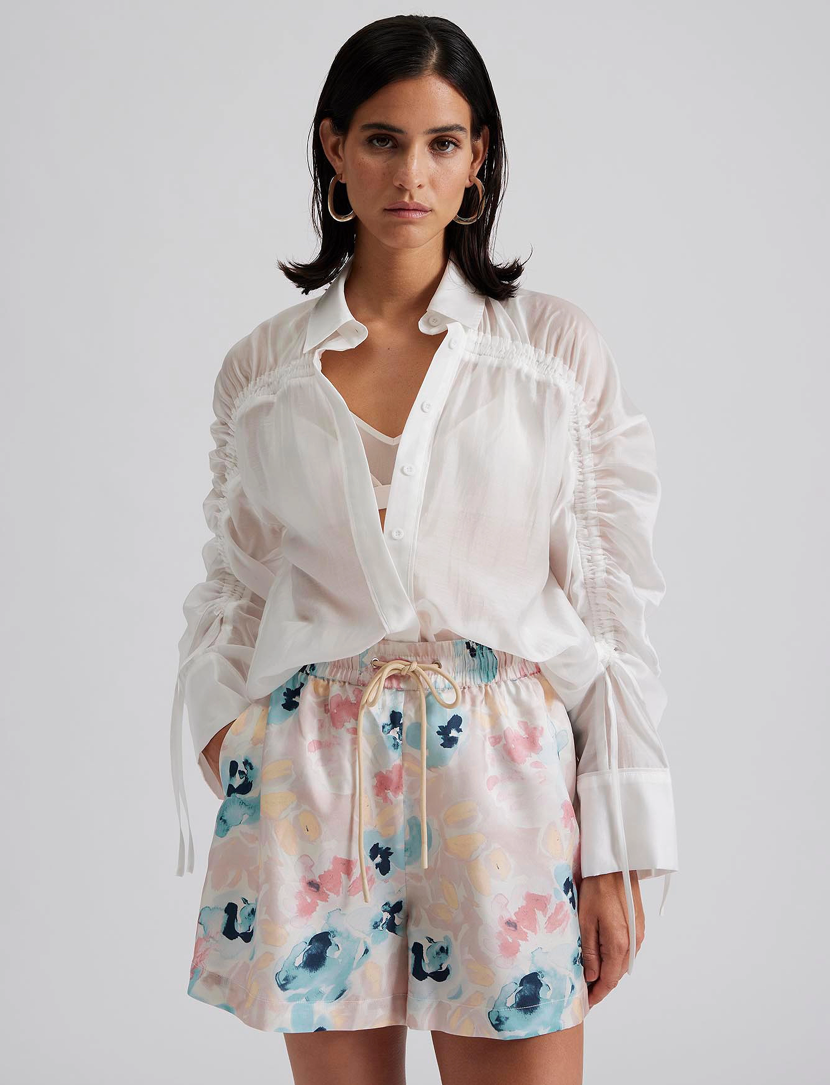 Malina - Line sheer drawstring detail shirt - white - 4