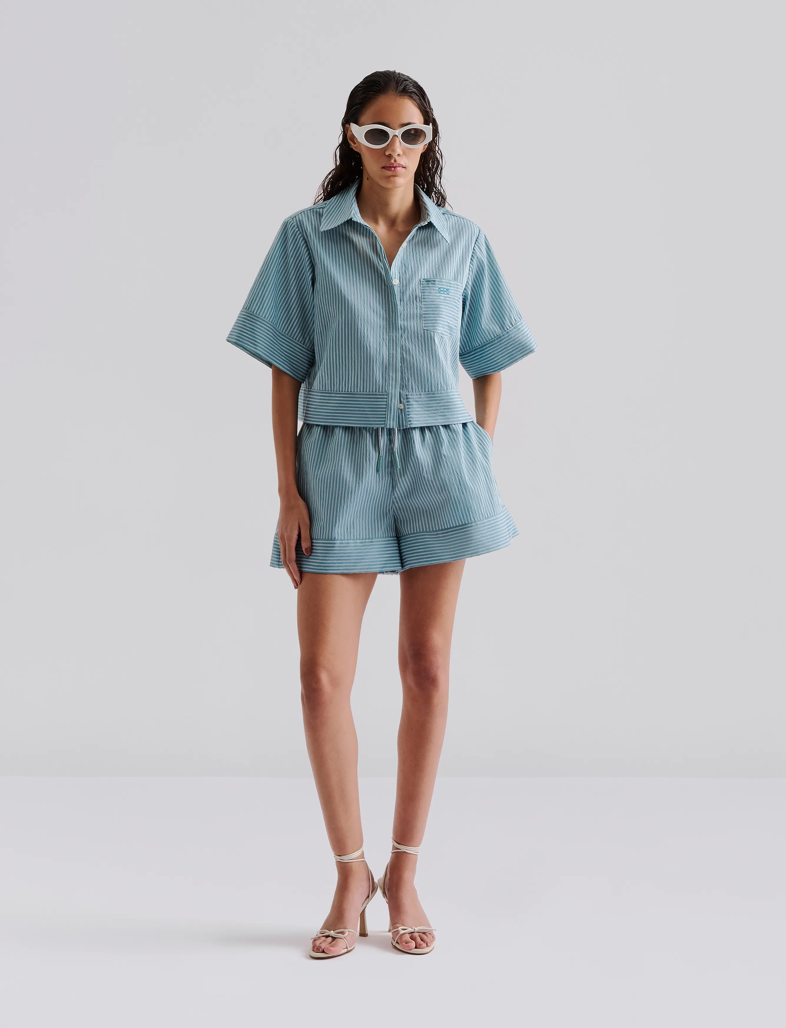 Malina - Selene Cropped Shirt - kurzärmlige hemden - aqua stripe - 4