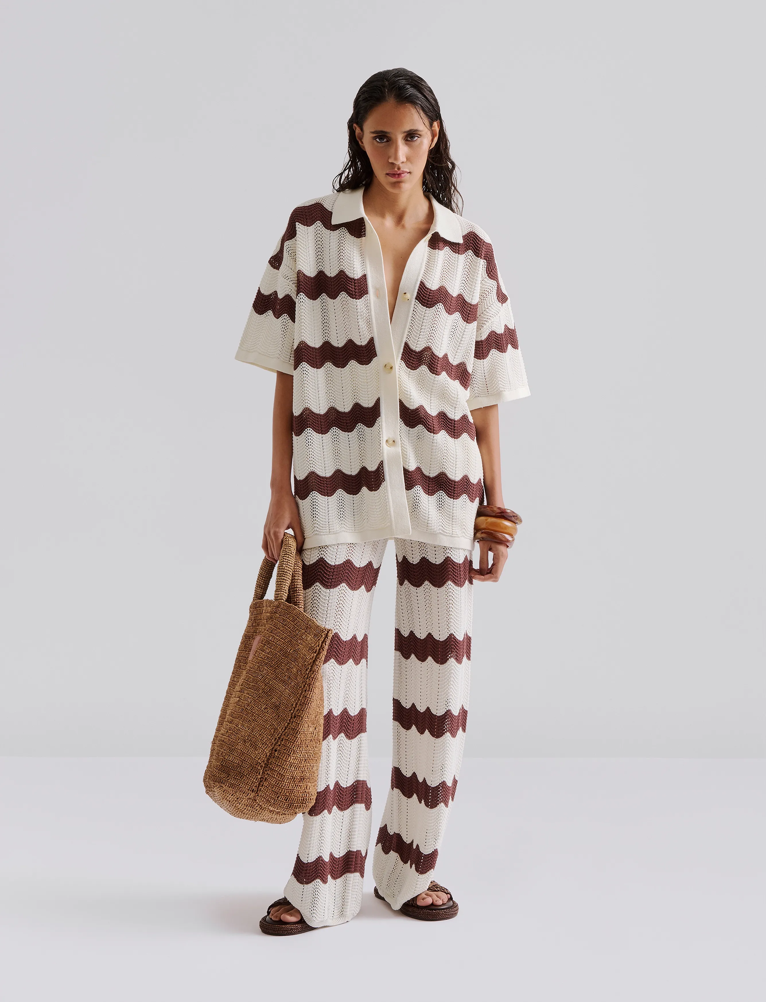 Malina Alana Oversized Knitted shirt - Hemden - BROWN STRIPE / white