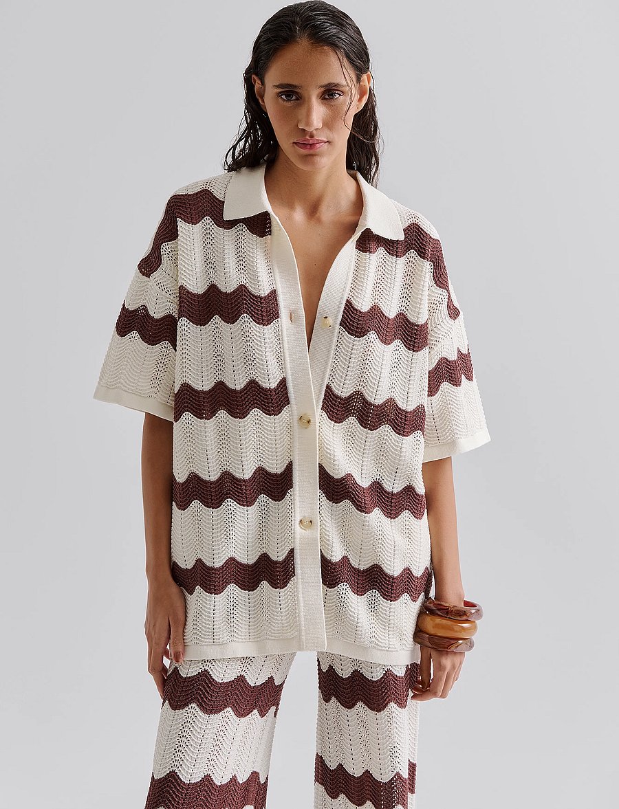 Malina - Alana Oversized Knitted shirt - kurzärmlige hemden - brown stripe - 4