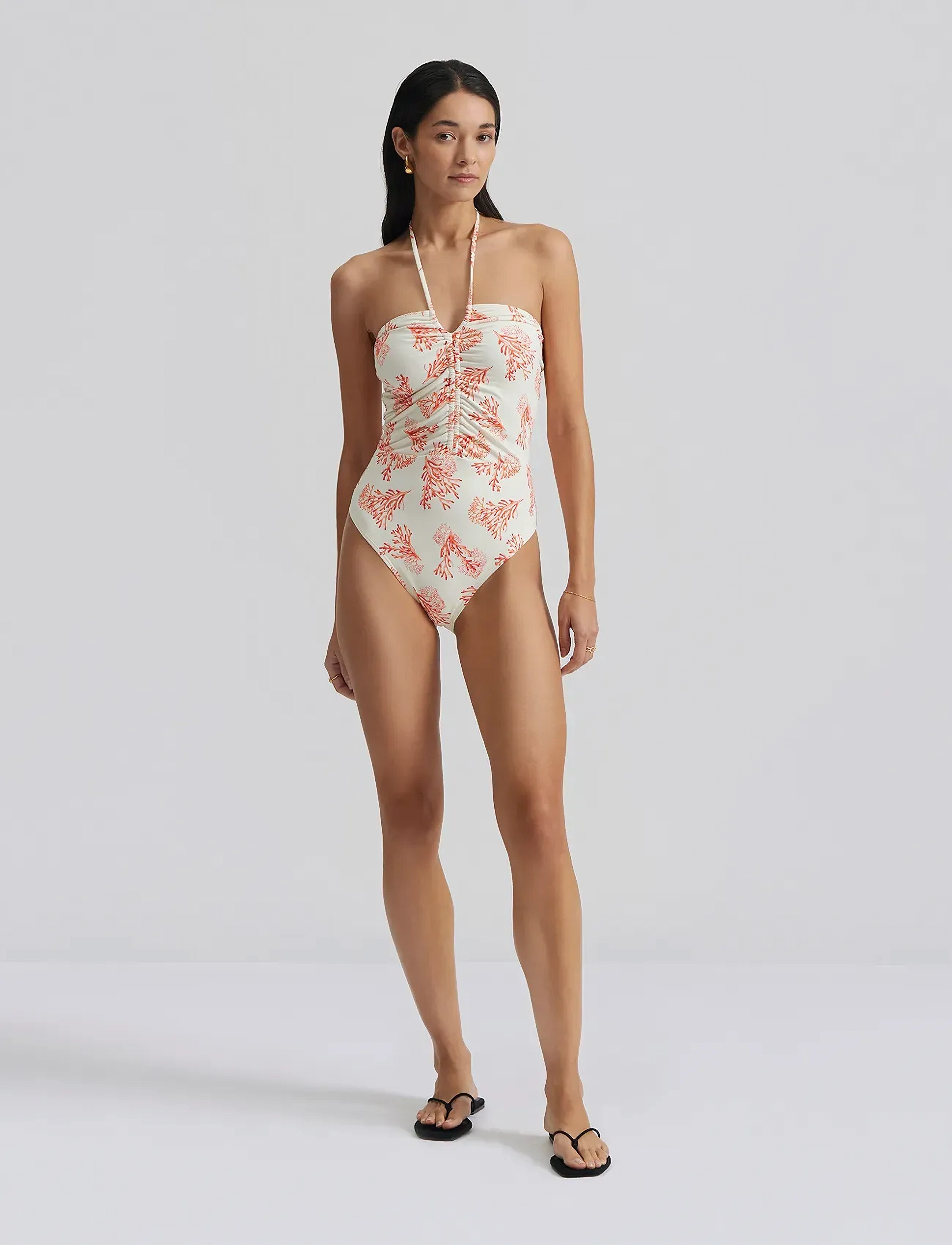 Malina Misty ruched halterneck swimsuit - Bademode - CORAL RED / white