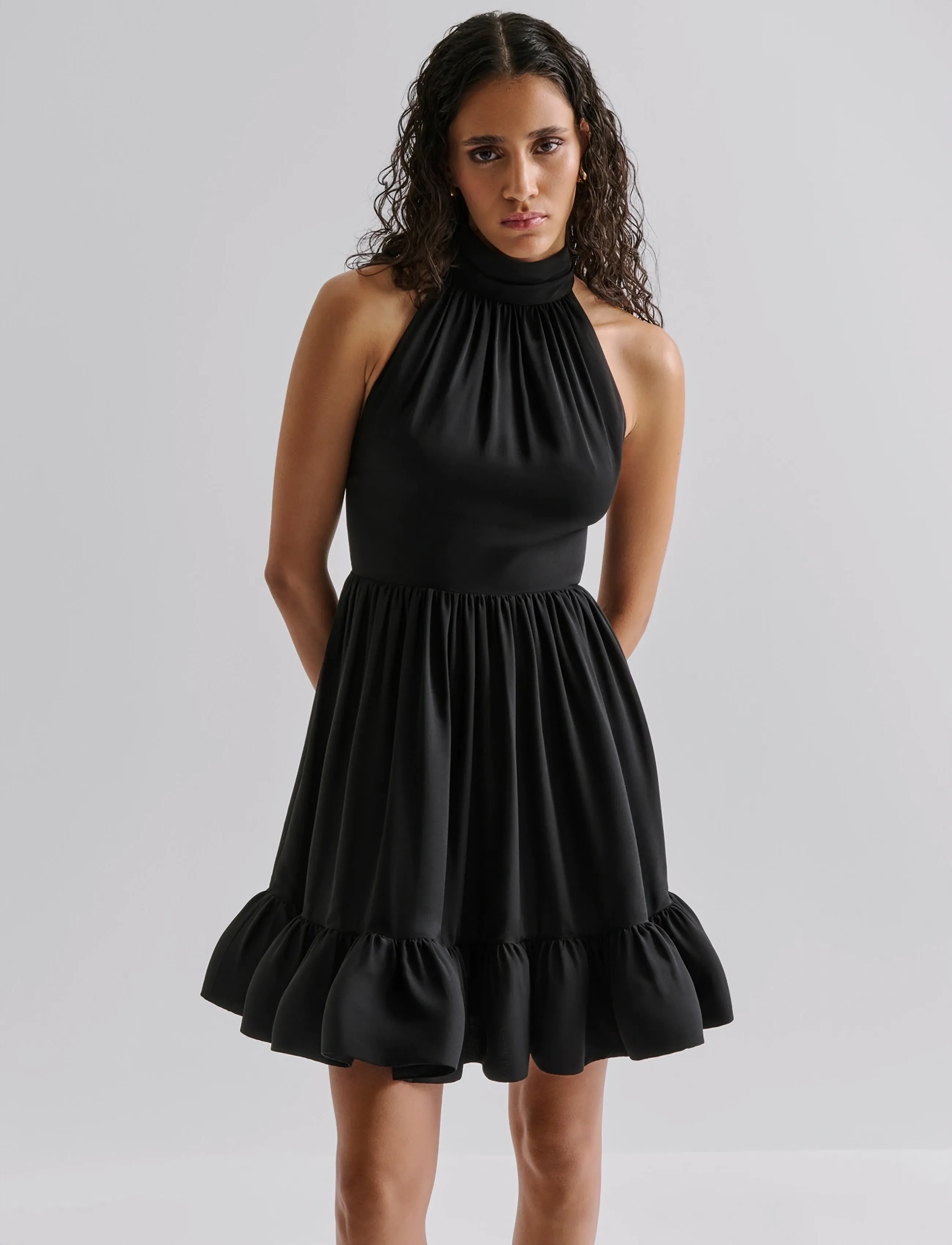 Malina - Fern Halterneck Ruffled Mini Dress - aftenkjoler - black - 3