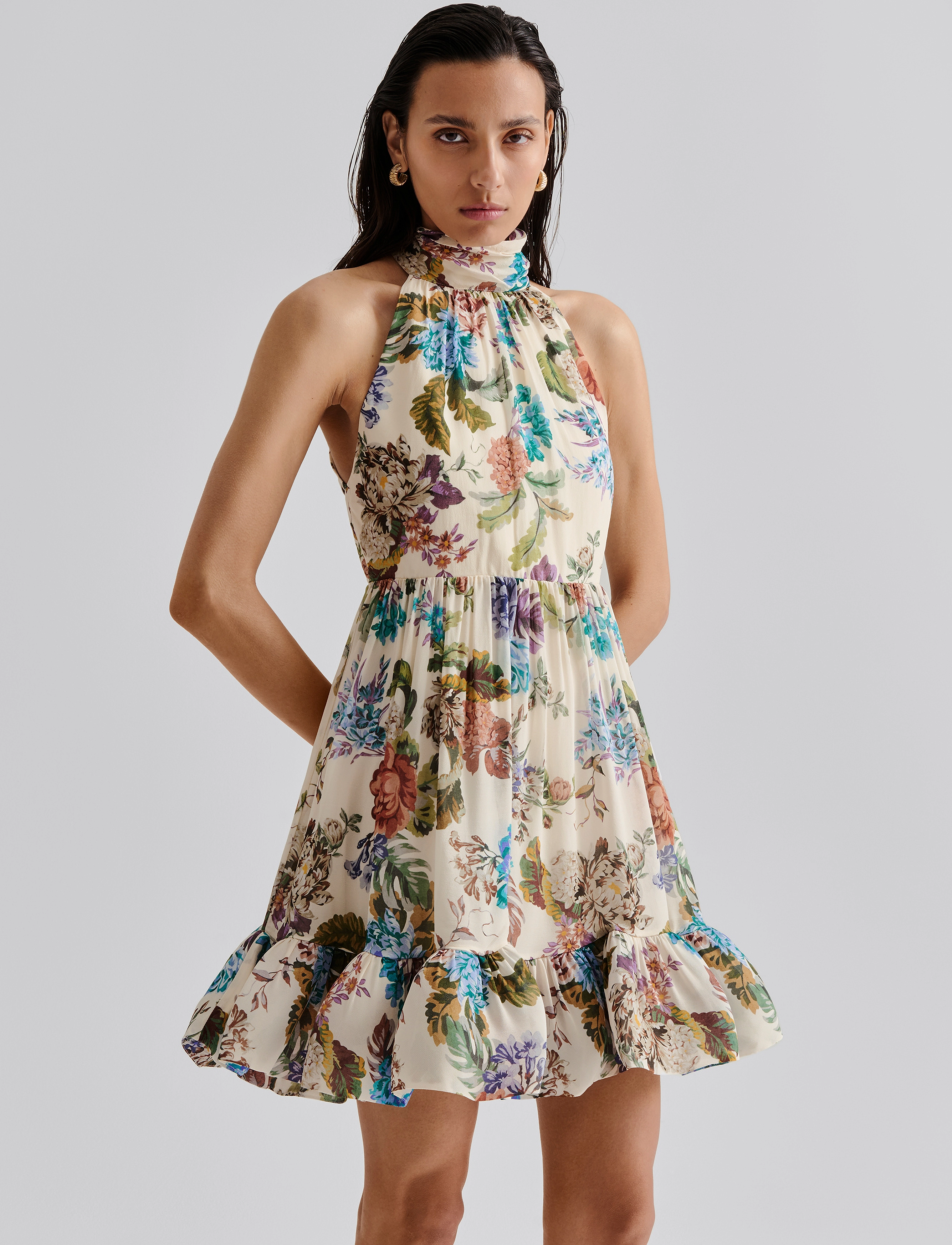 Malina - Fern Halterneck Ruffled Mini Dress - abendkleider - botanic florals - 5