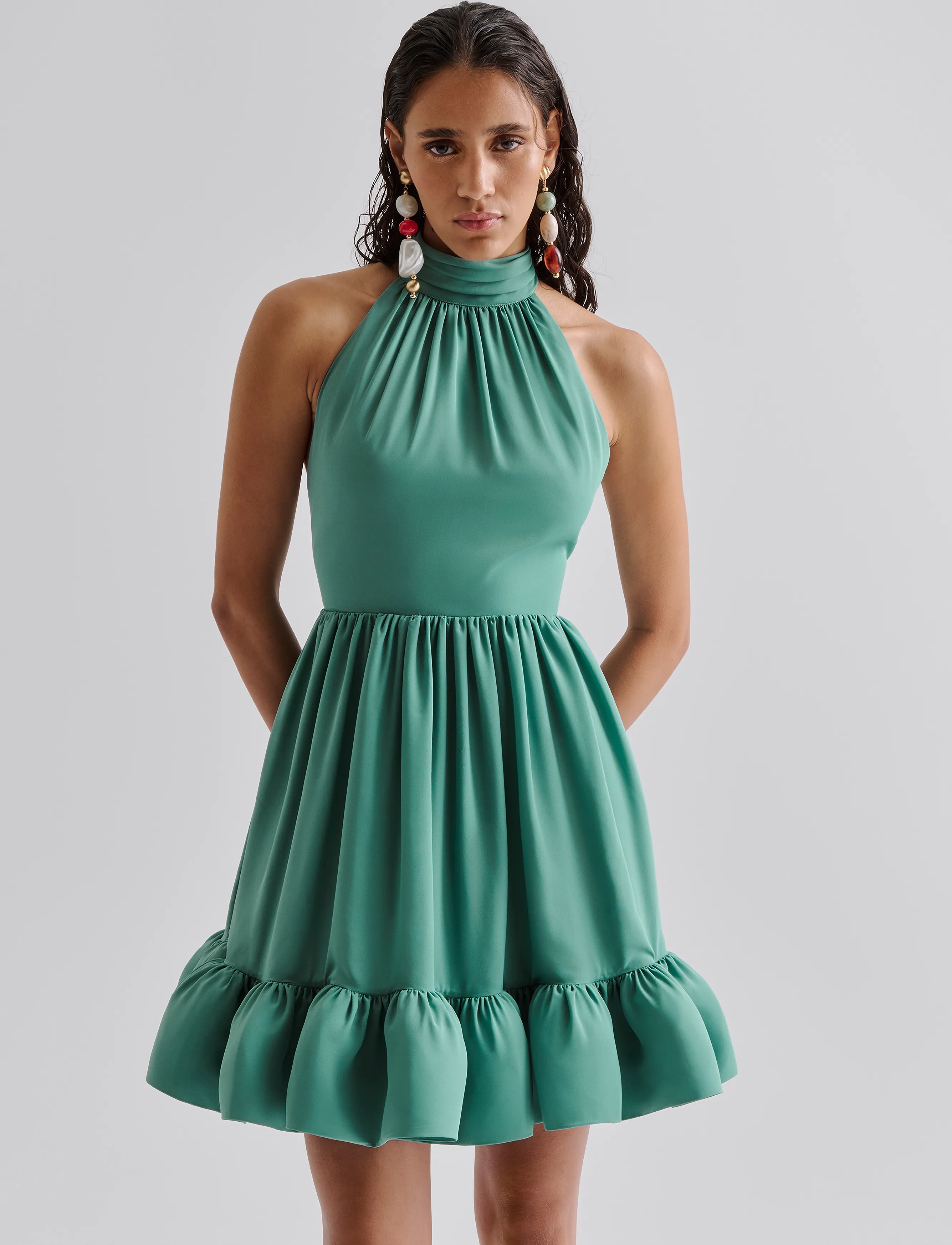 Malina Fern Halterneck Ruffled Mini Dress, S, Dresses, Grün - Short Frauen