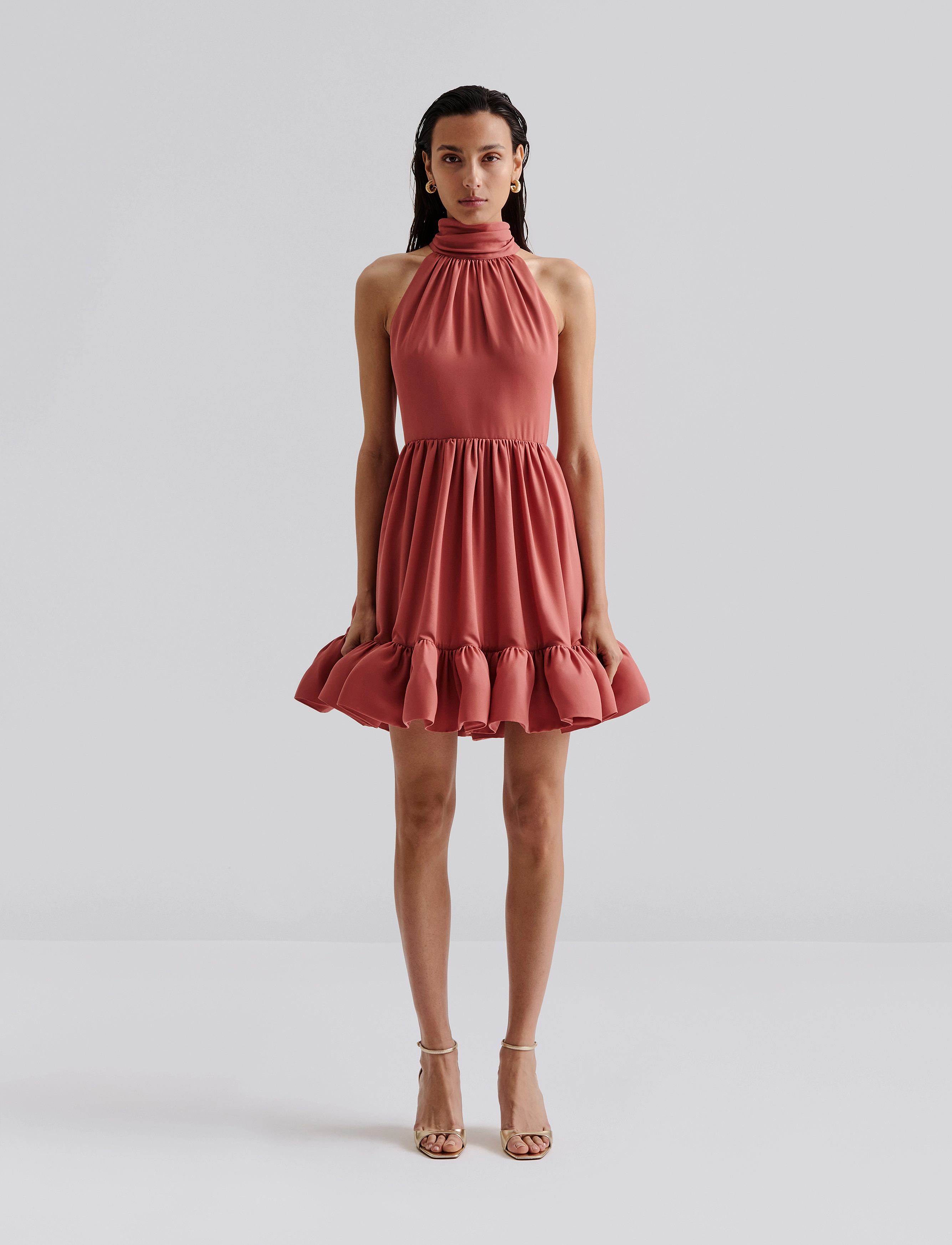 Malina Fern Halterneck Ruffled Mini Dress - Robes de fête - TERRACOTTA / pink/rose