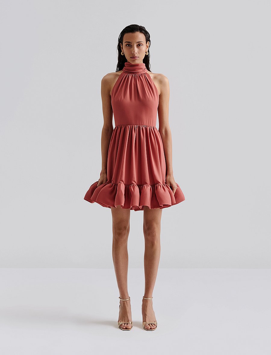 Malina - Fern Halterneck Ruffled Mini Dress - evening dresses - terracotta - 0