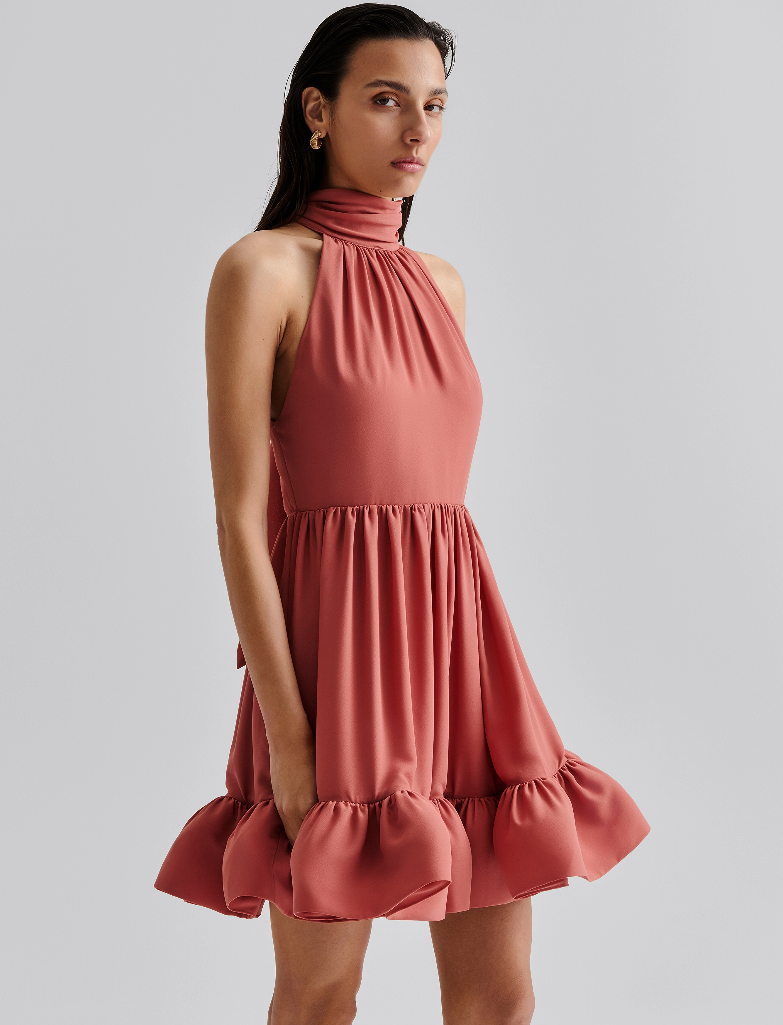 Malina - Fern Halterneck Ruffled Mini Dress - evening dresses - terracotta - 4
