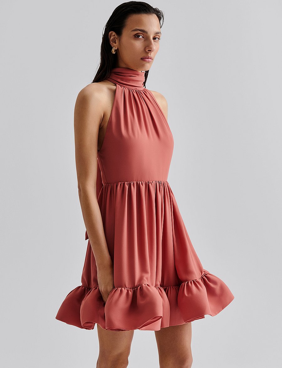 Malina - Fern Halterneck Ruffled Mini Dress - evening dresses - terracotta - 4