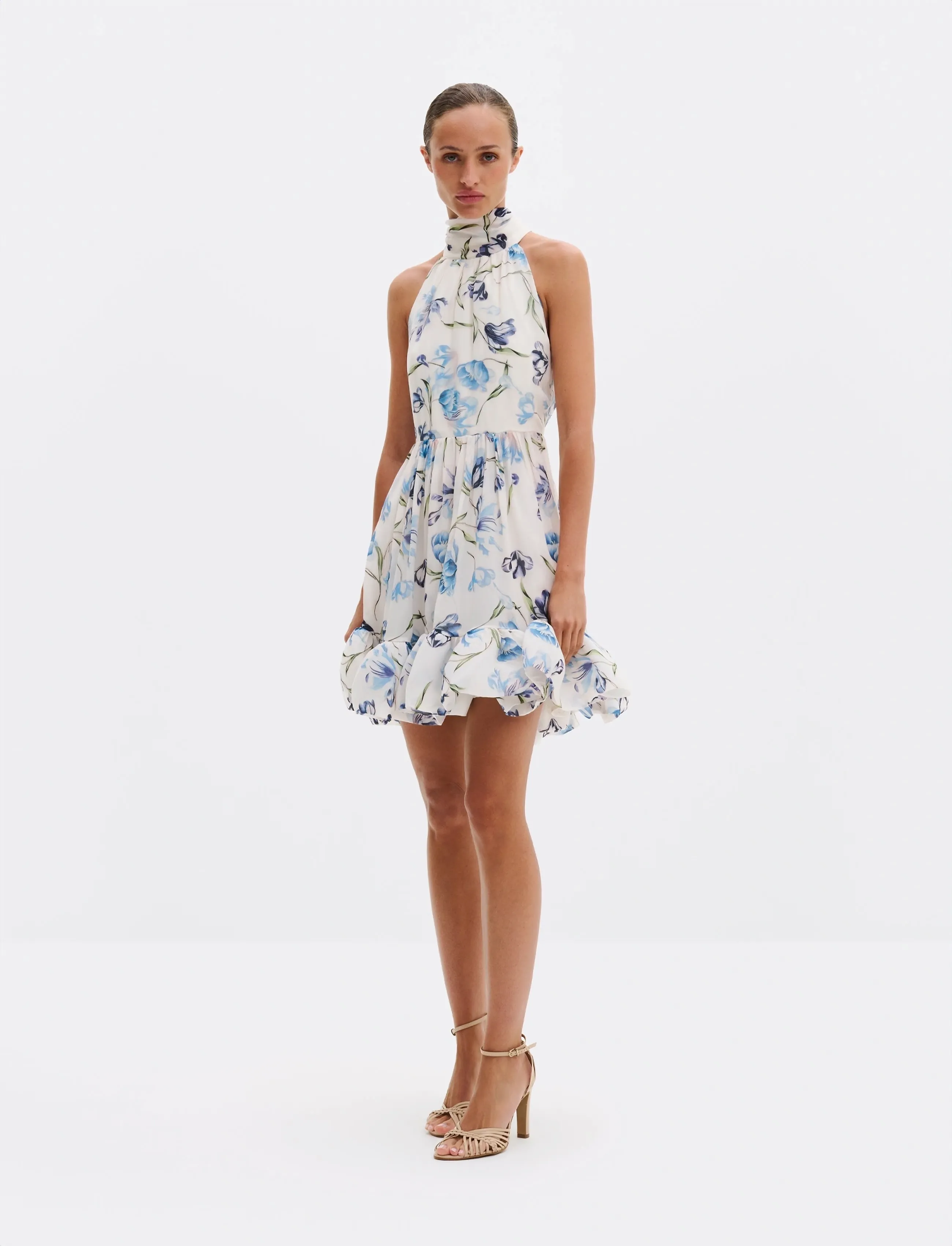 Malina Fern Halterneck Ruffled Mini Dress, S, Cream, Kjoler > Kort Kjole, Dame