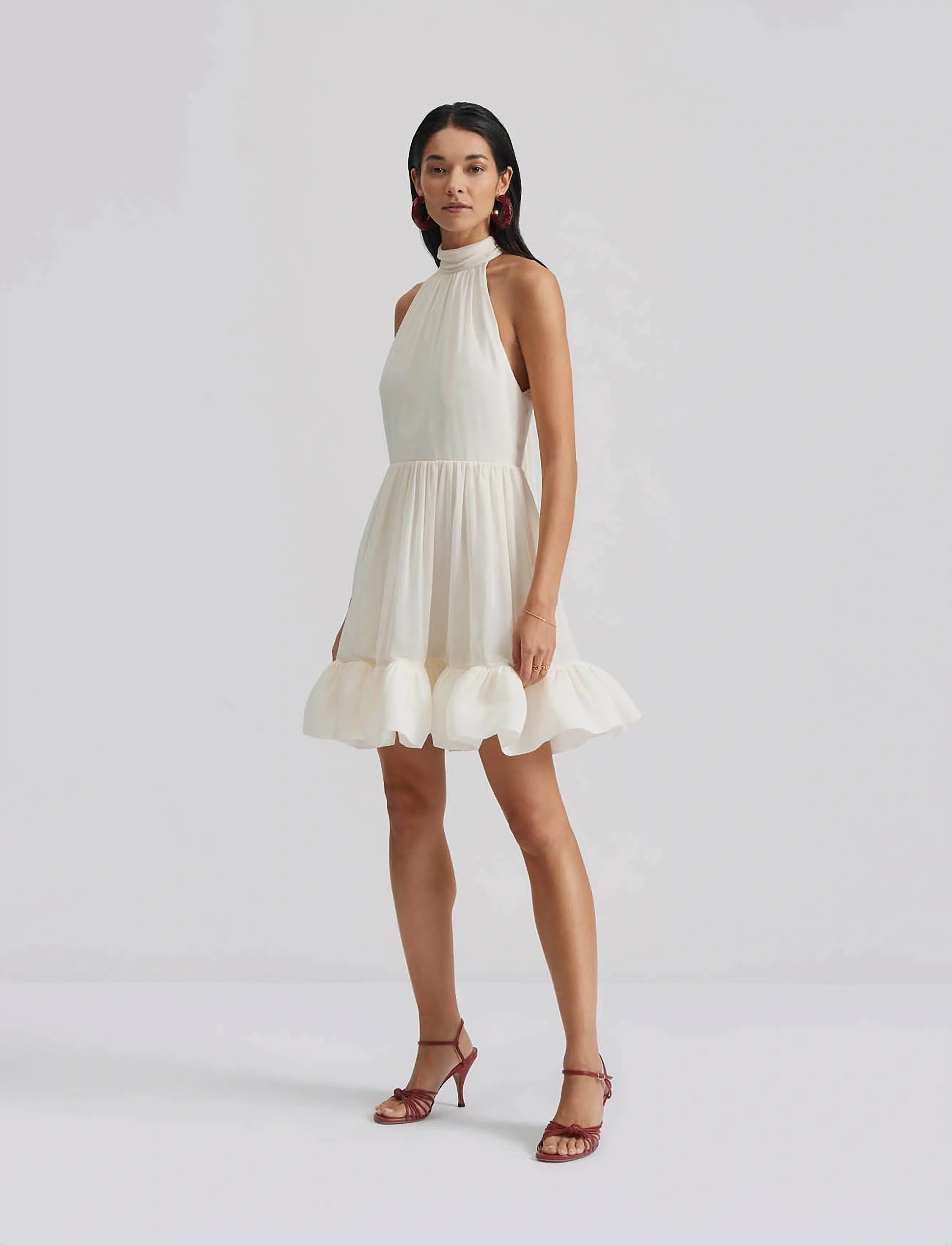 Malina Fern Halterneck Ruffled Mini Dress, L, Dresses, Weiß - Short Frauen