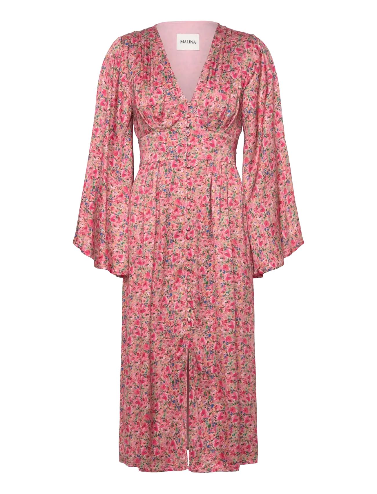 MALINA Auden V-Ausschnitt Satin Midi Kleid Pink - XS - Damen