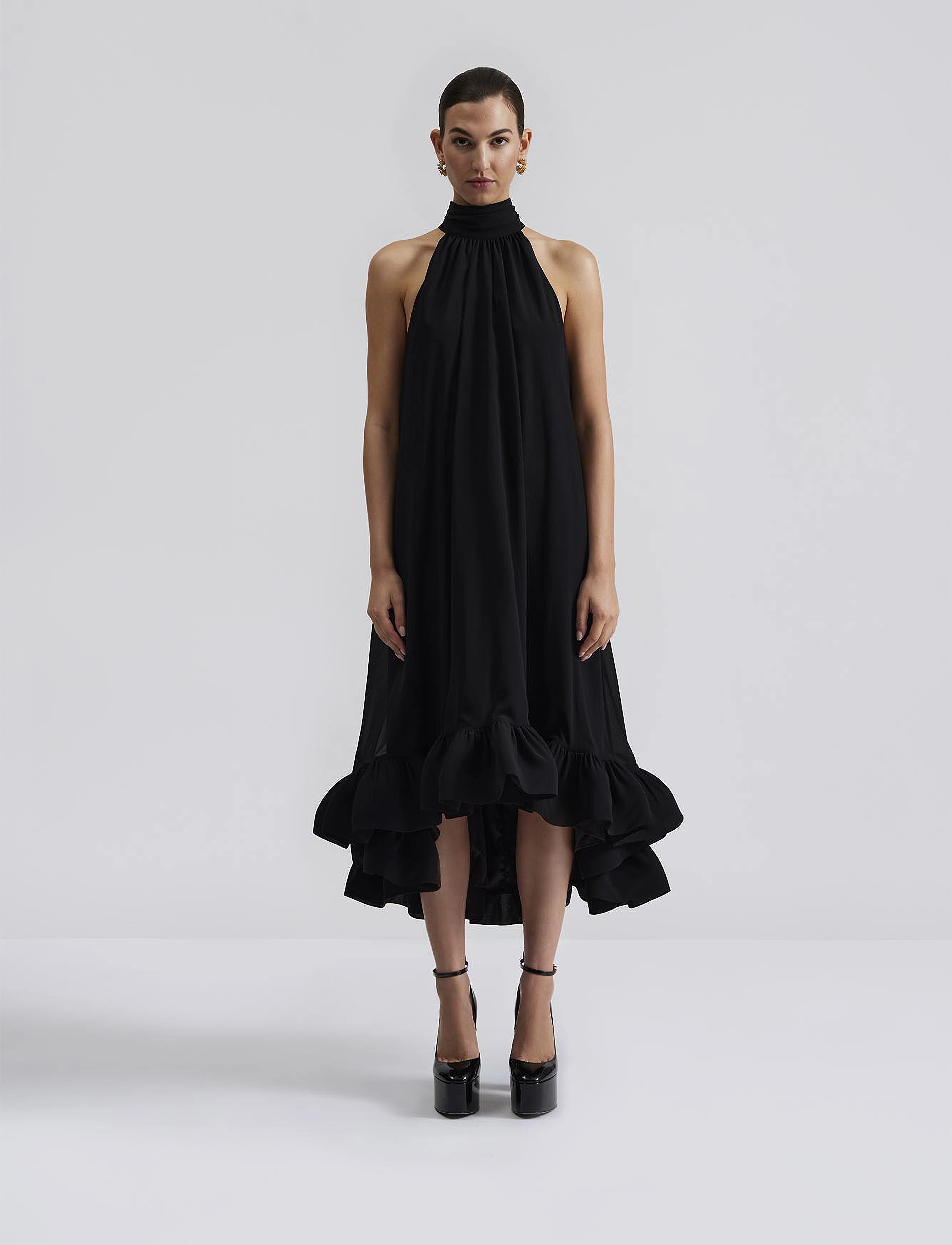 Malina Sabrina Halterneck Ruffled Midi Dress, M, Dresses, Schwarz - Knee-length & Midi, Frauen