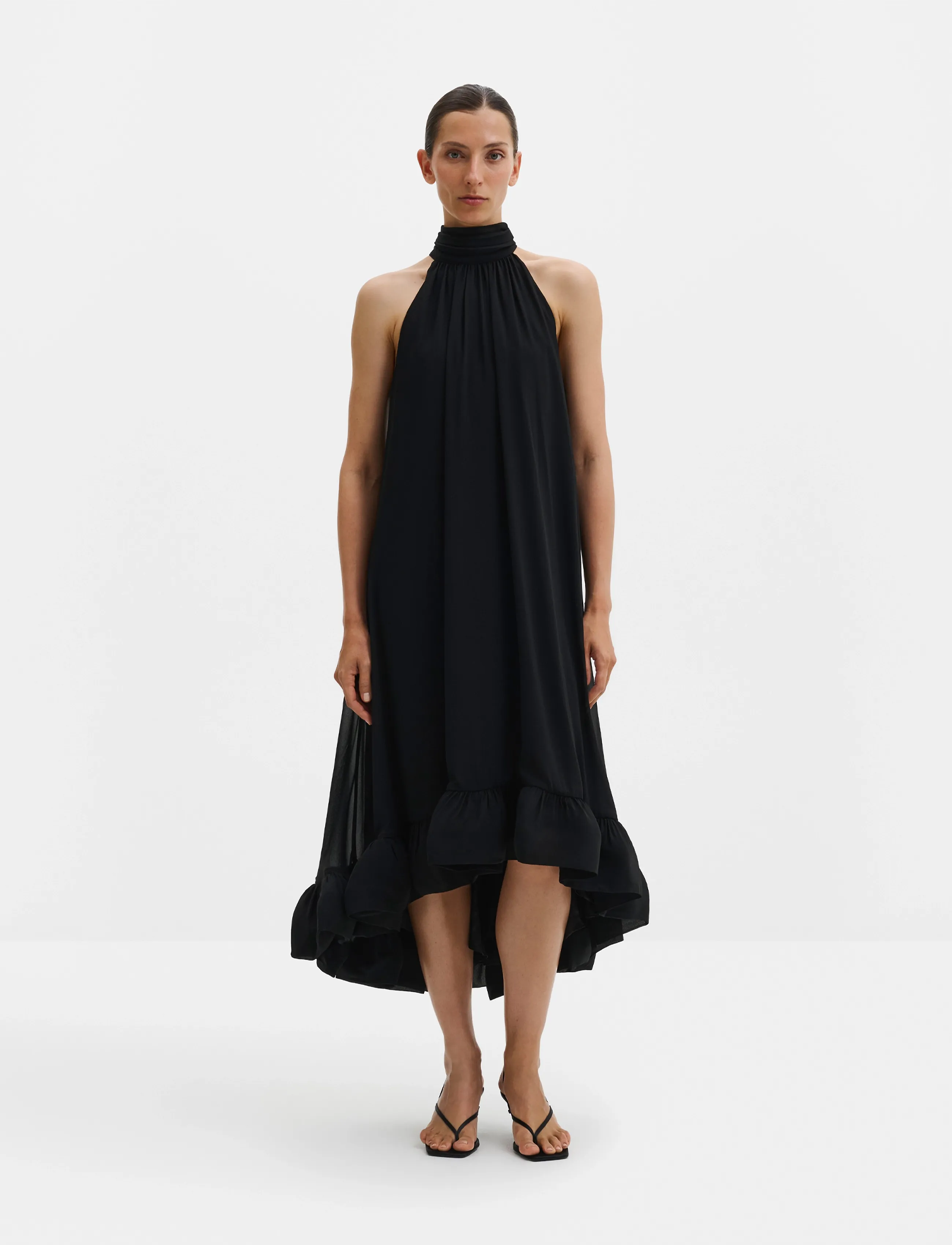Malina Sabrina Halterneck Ruffled Midi Dress - Kleider - BLACK / black