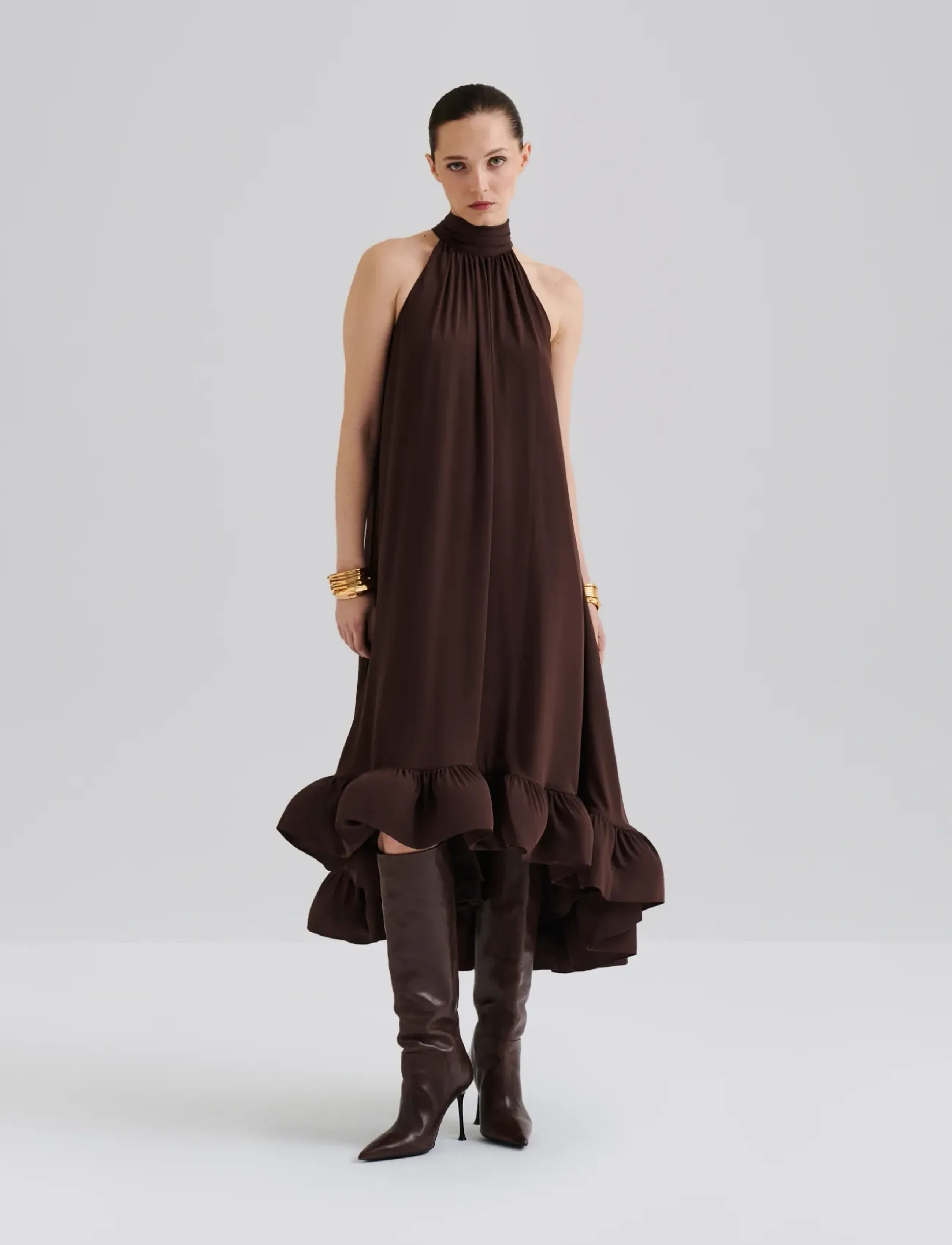 Malina Sabrina Halterneck Ruffled Midi Dress, M, Brown, Kjoler > Knælange Og Midi, Dame