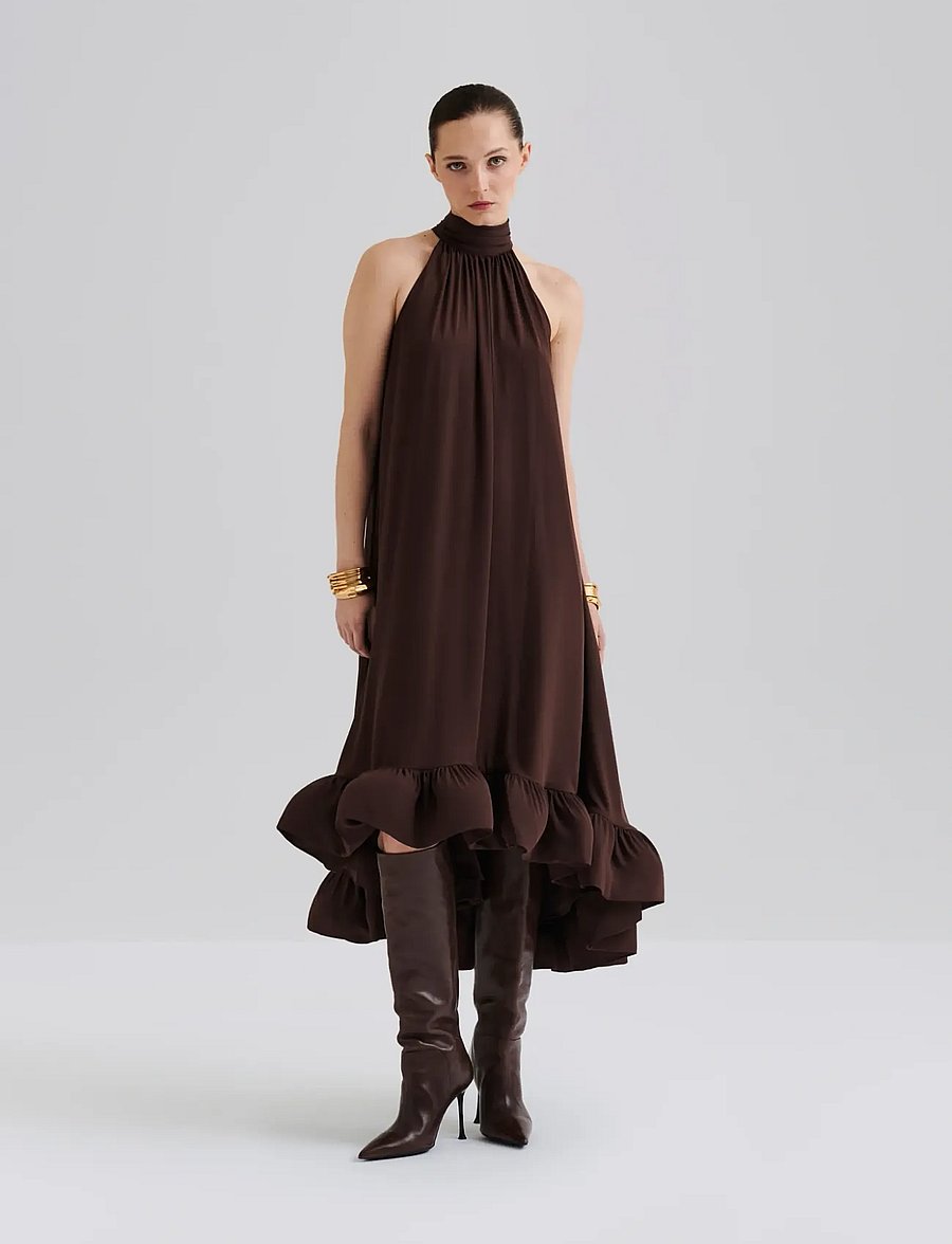 Malina - Sabrina halterneck ruffled maxi dress - aftonklänningar - espresso - 0